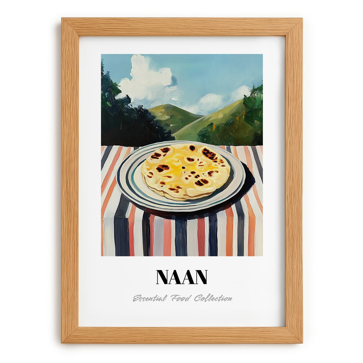 Naan – Hilltop Café Scene, Indian Food Wall Art, set in oak frame