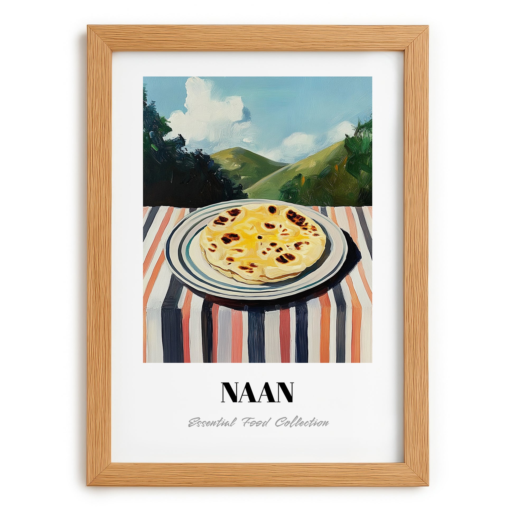 Naan – Hilltop Café Scene, Indian Food Wall Art, set in oak frame