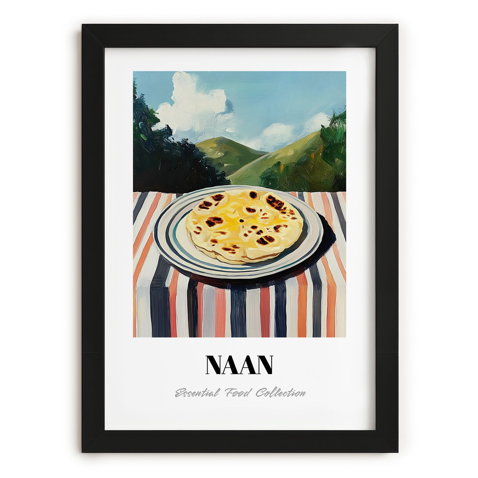Naan – Hilltop Café Scene, Indian Food Wall Art, in sleek black frame