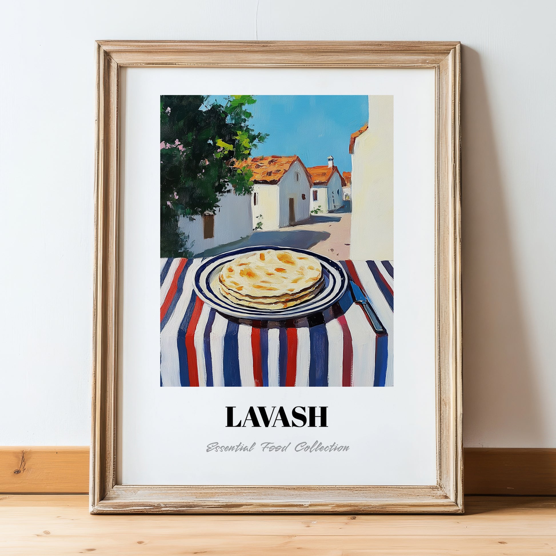 Lavash – Turkish village Urban Café Scene, Armenian Food Wall Art, in wooden frame leaning on the floor