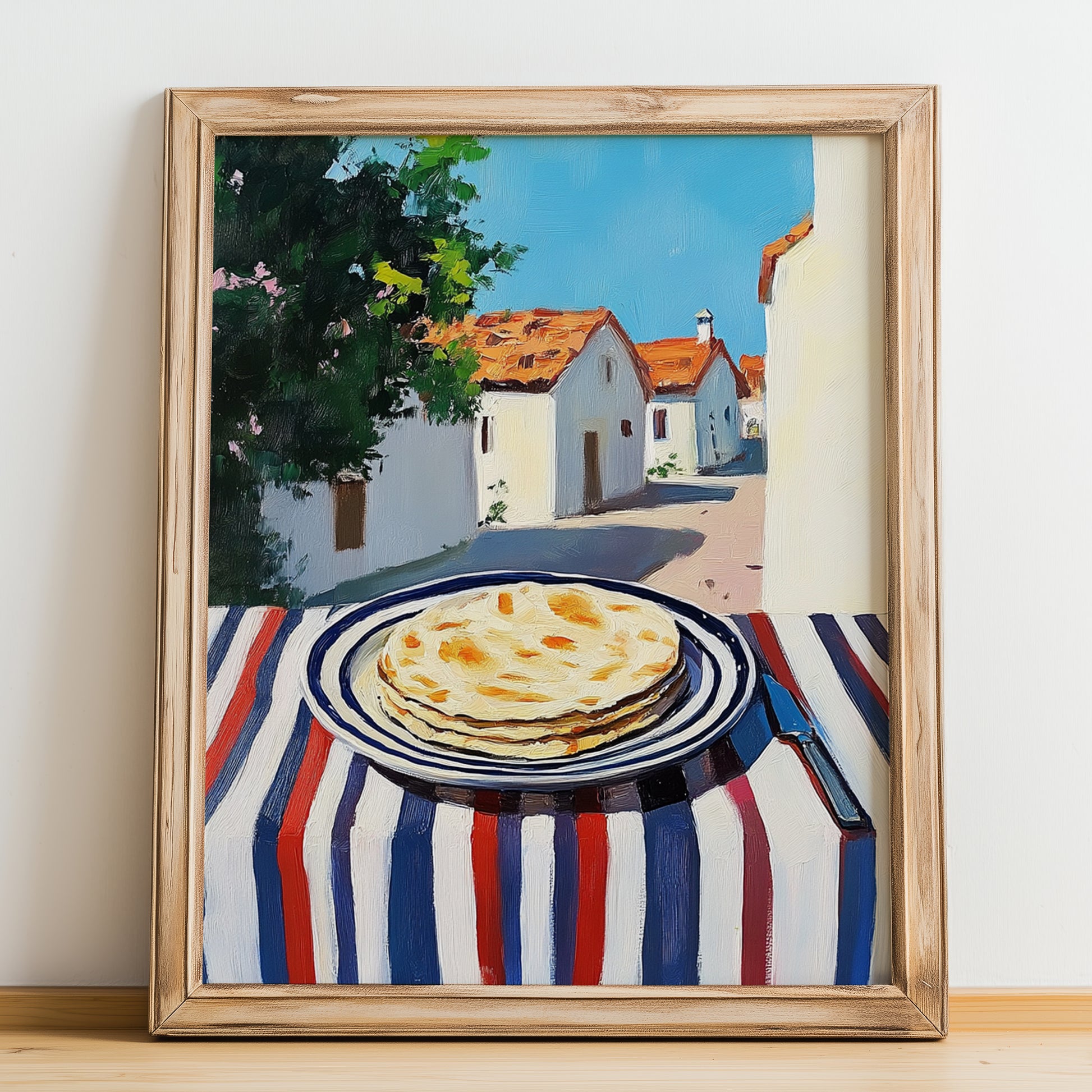 Lavash – Turkish village Urban Café Scene, Armenian Food Wall Art, no-text version framed in wood