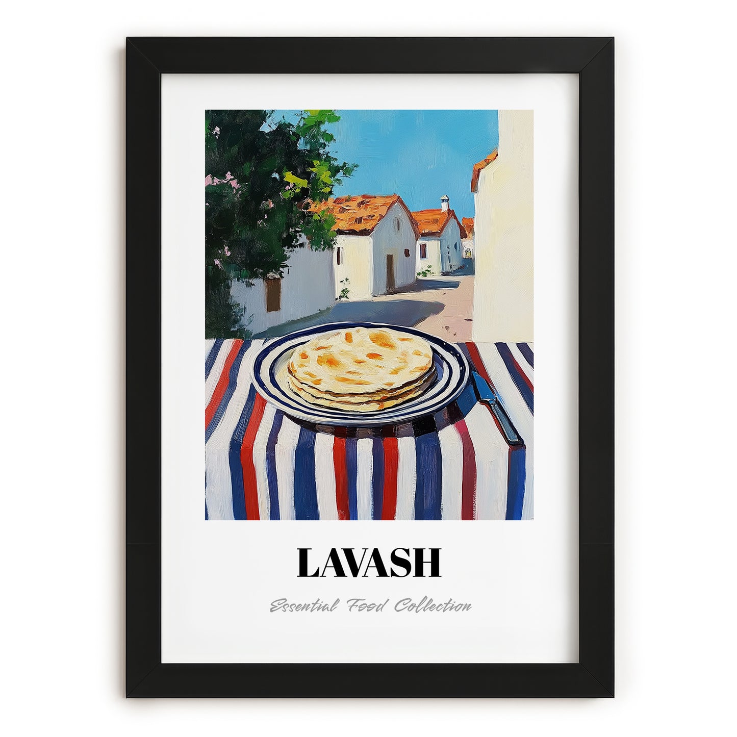 Lavash – Turkish village Urban Café Scene, Armenian Food Wall Art, in sleek black frame