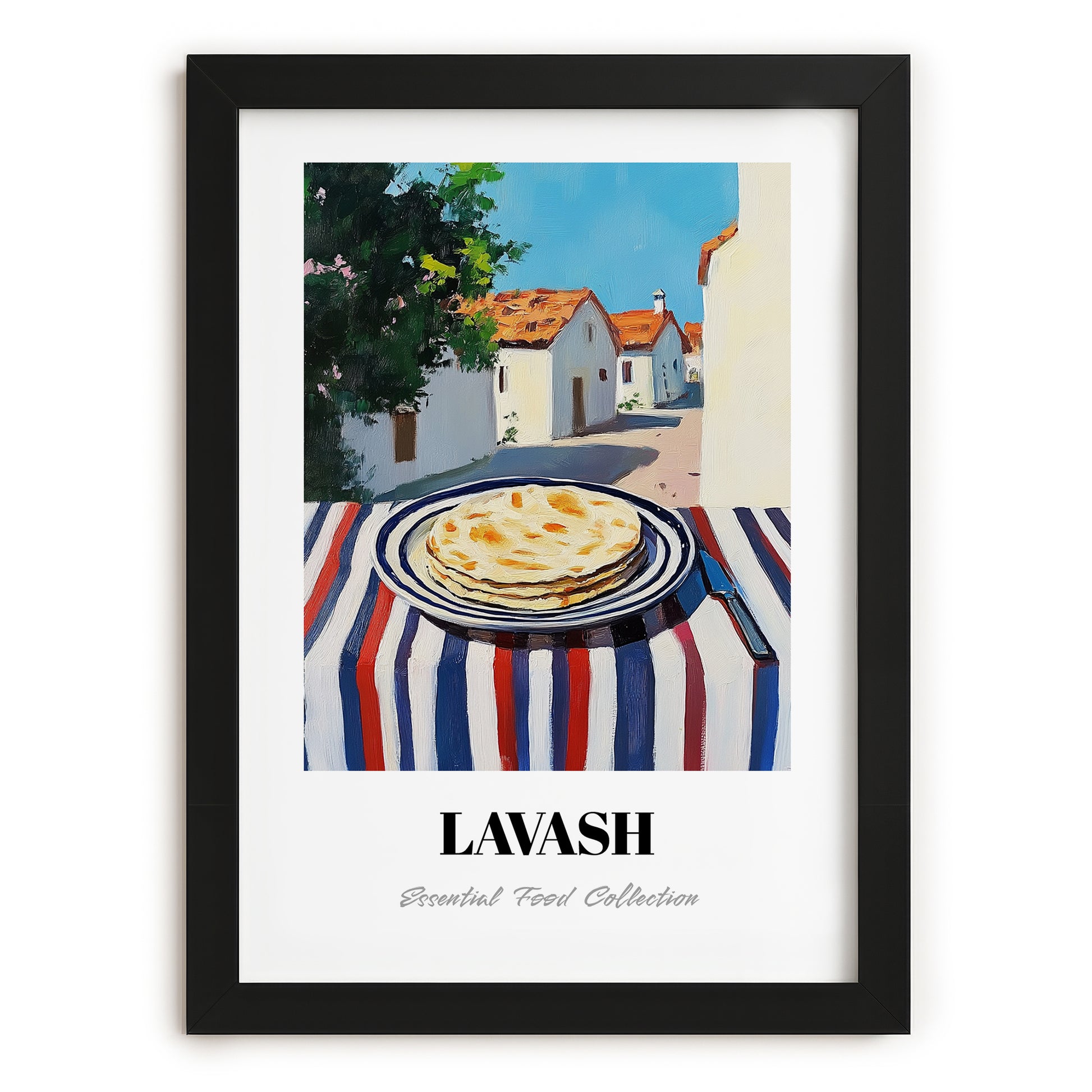 Lavash – Turkish village Urban Café Scene, Armenian Food Wall Art, in sleek black frame