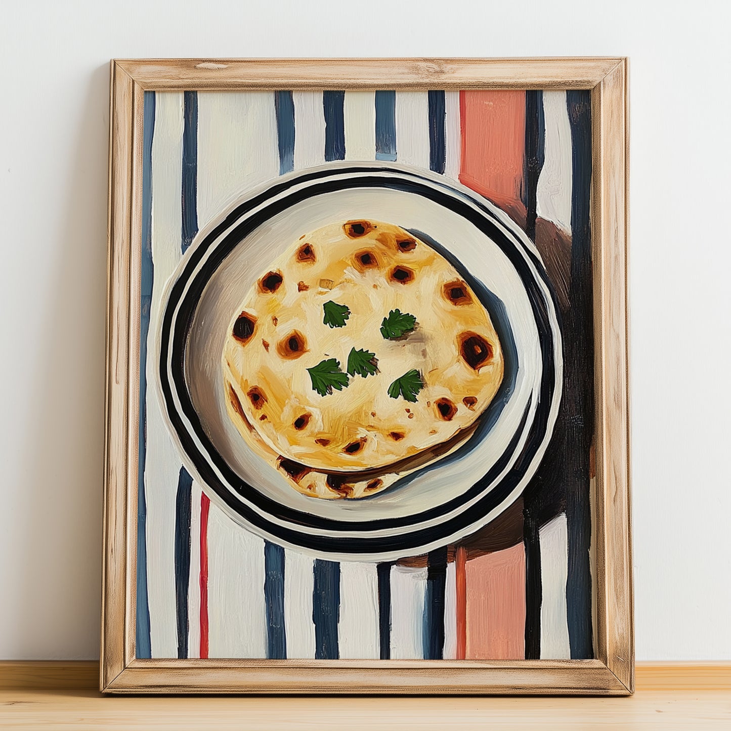 Tortilla – on Striped Tablecloth, Mexican Food Illustration, no-text version framed in wood