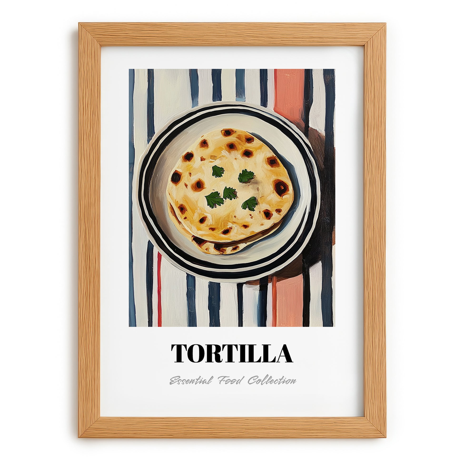 Tortilla – on Striped Tablecloth, Mexican Food Illustration, set in oak frame