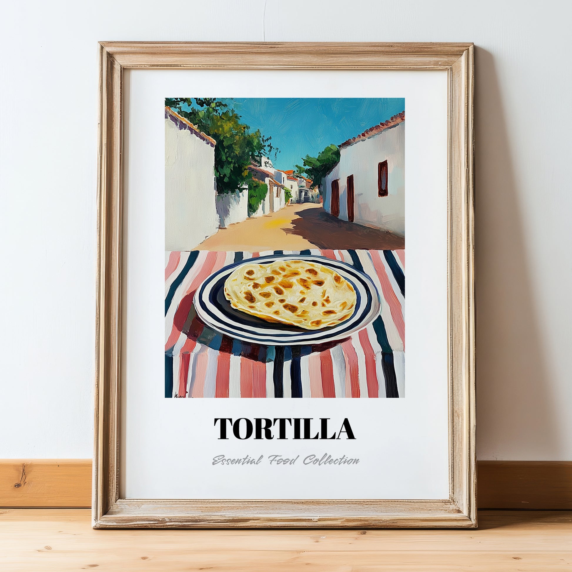 Tortilla – Mexican village Café on the Corner, Mexican Food Painting, in wooden frame leaning on the floor