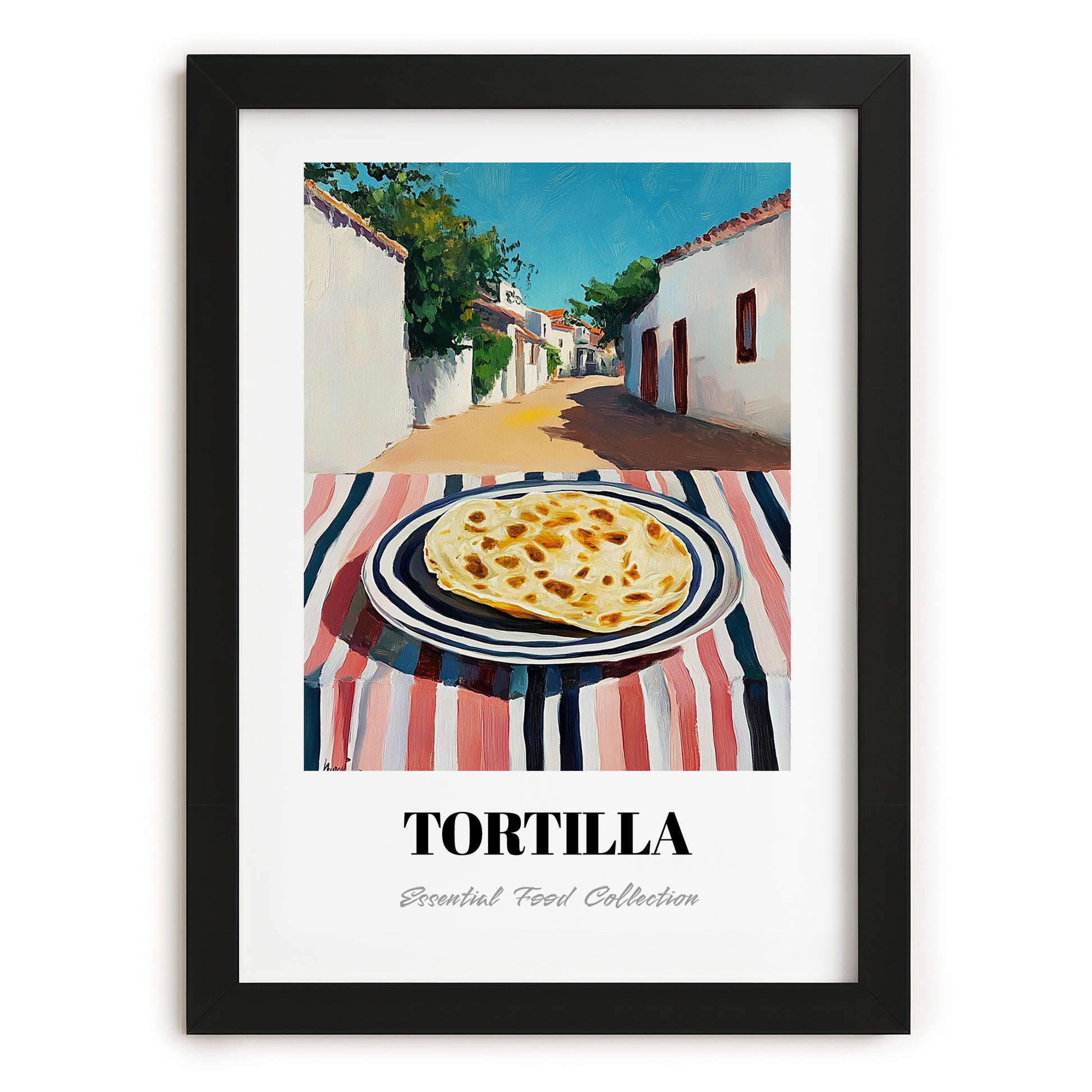 Tortilla – Mexican village Café on the Corner, Mexican Food Painting, in sleek black frame