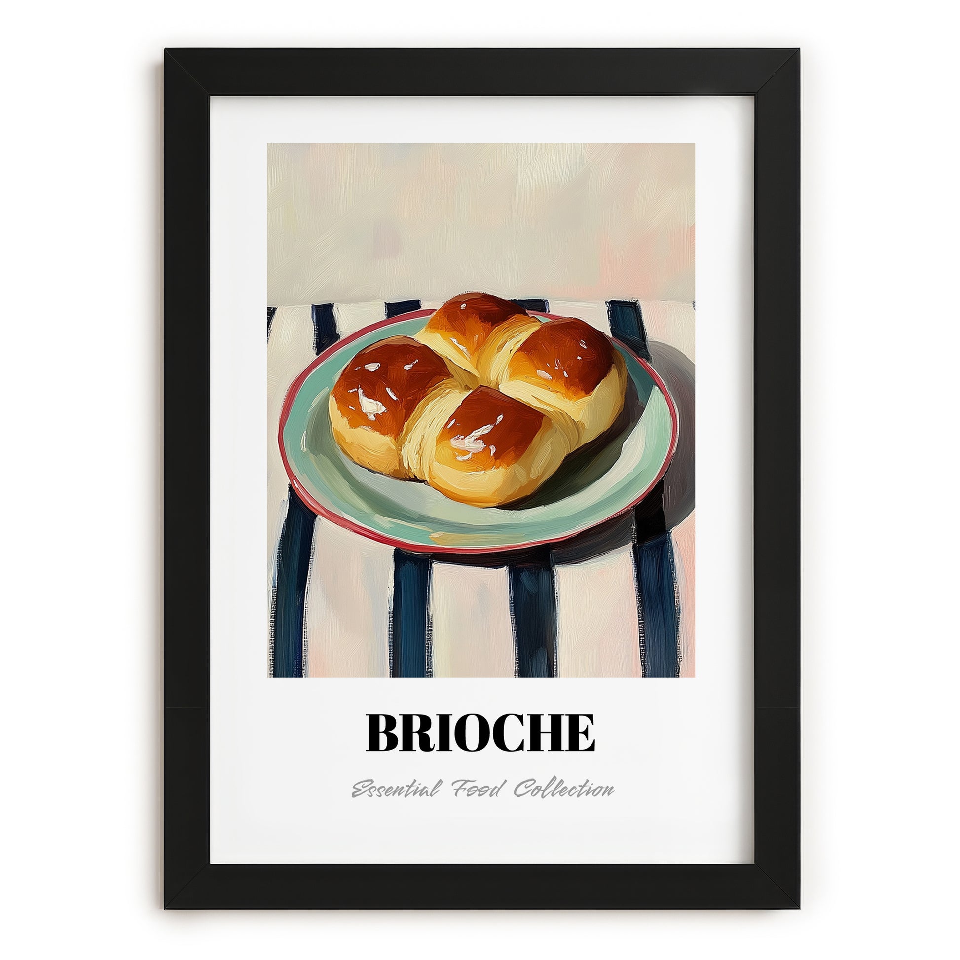 Brioche – on Striped Tablecloth, French Pastry Painting, in sleek black frame