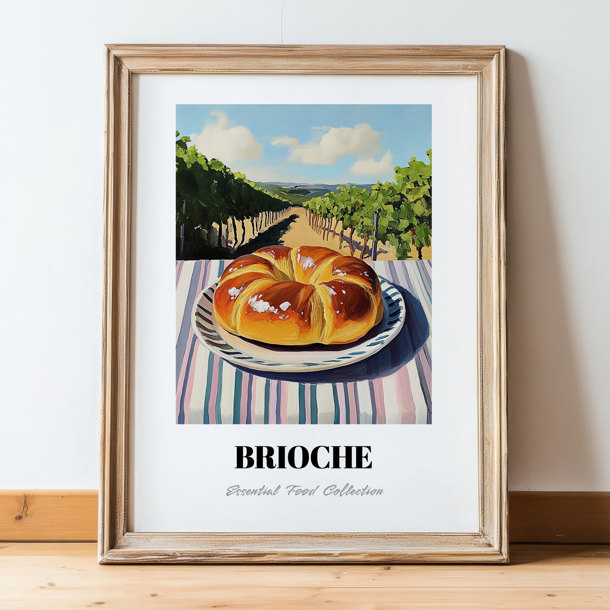 Brioche – Hillside Café View, French Pastry Wall Decor, in wooden frame leaning on the floor