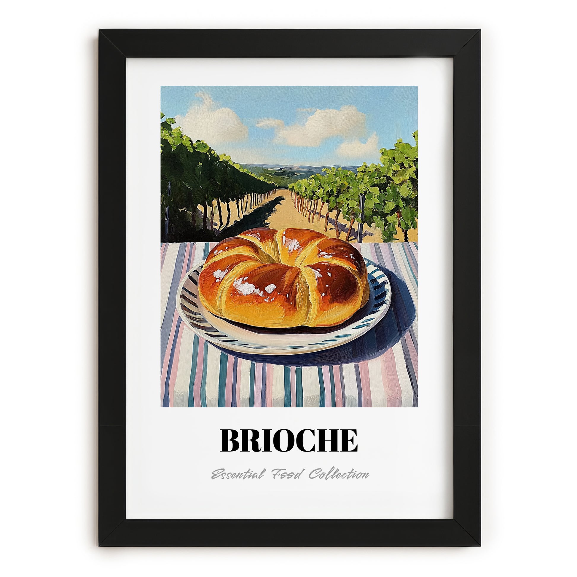 Brioche – Hillside Café View, French Pastry Wall Decor, in sleek black frame