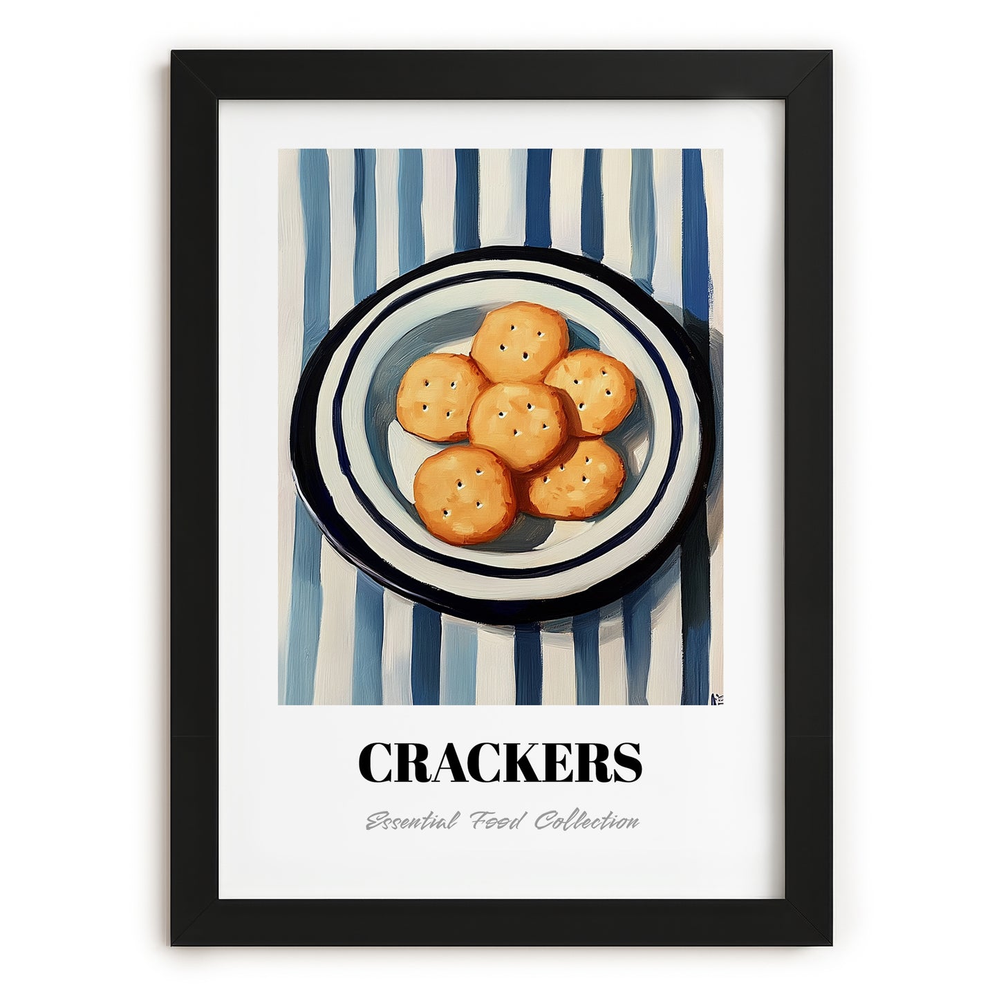 Crackers – on Striped Tablecloth, American Food Painting, in sleek black frame