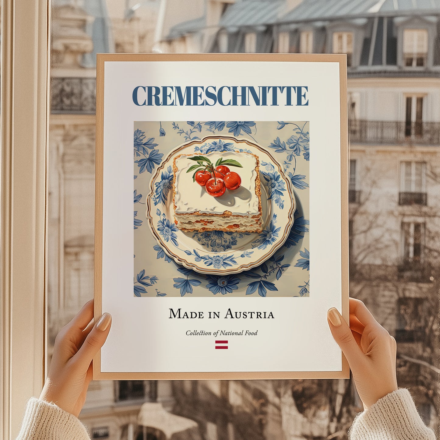 Cremeschnitte – Austrian Dessert Dish, Café Illustration, styled in a charming Paris street view