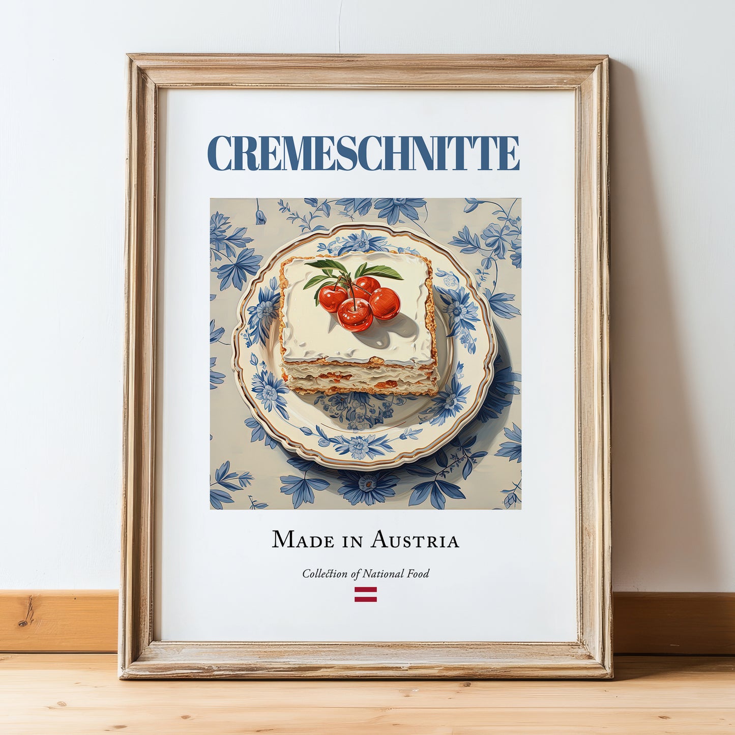 Cremeschnitte – Austrian Dessert Dish, Café Illustration, in wooden frame leaning on the floor