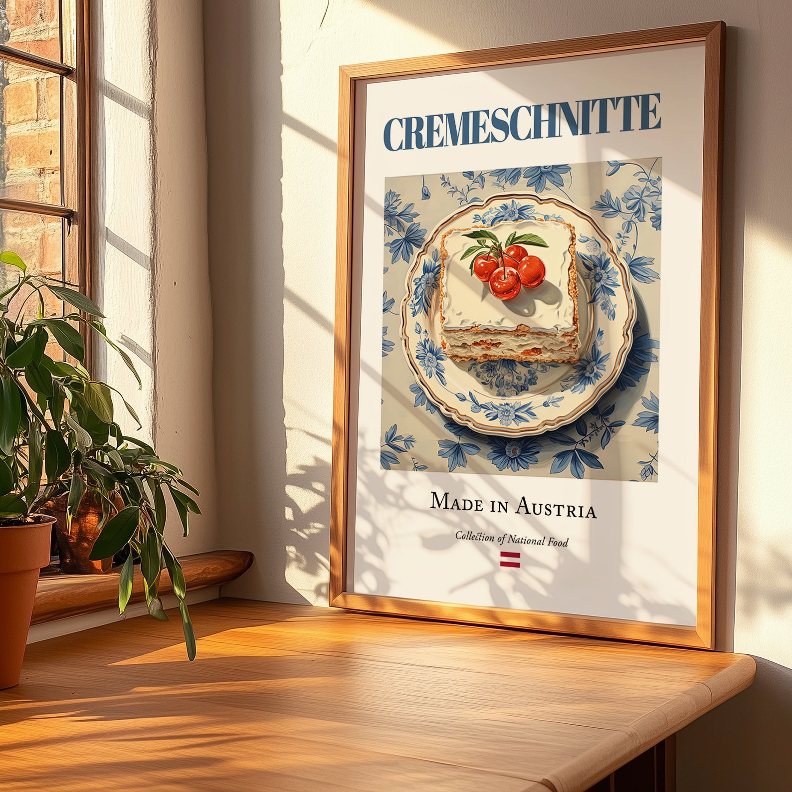 Cremeschnitte – Austrian Dessert Dish, Café Illustration, no-text version framed in wood