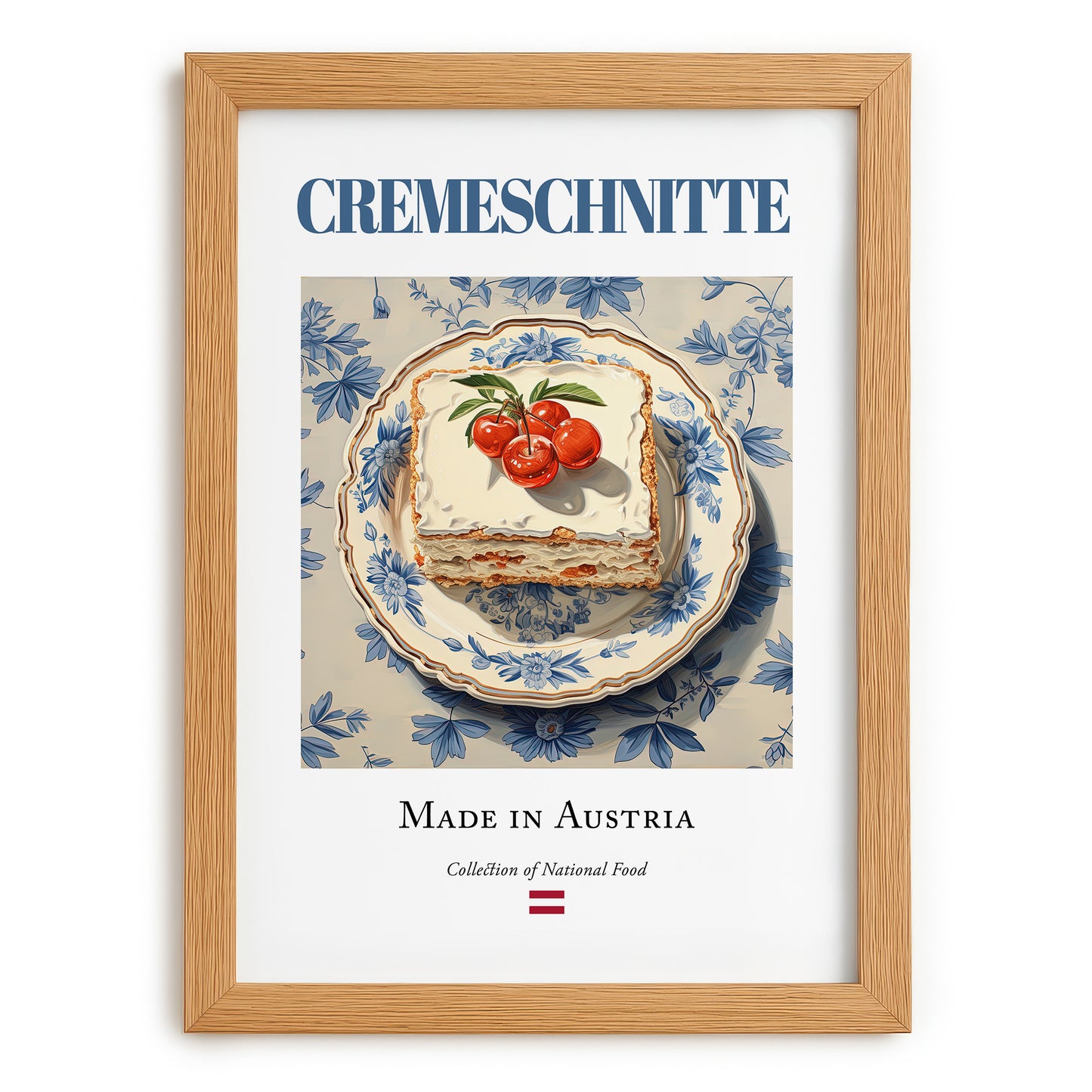 Cremeschnitte – Austrian Dessert Dish, Café Illustration, set in oak frame