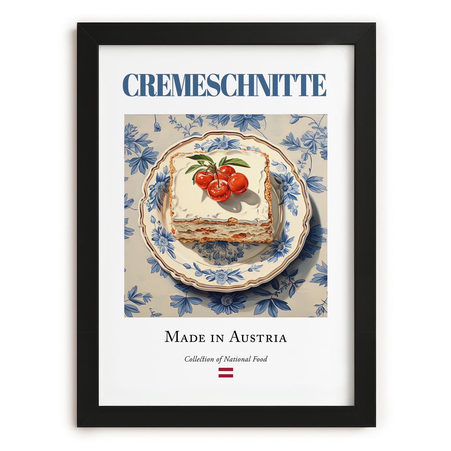Cremeschnitte – Austrian Dessert Dish, Café Illustration, in sleek black frame