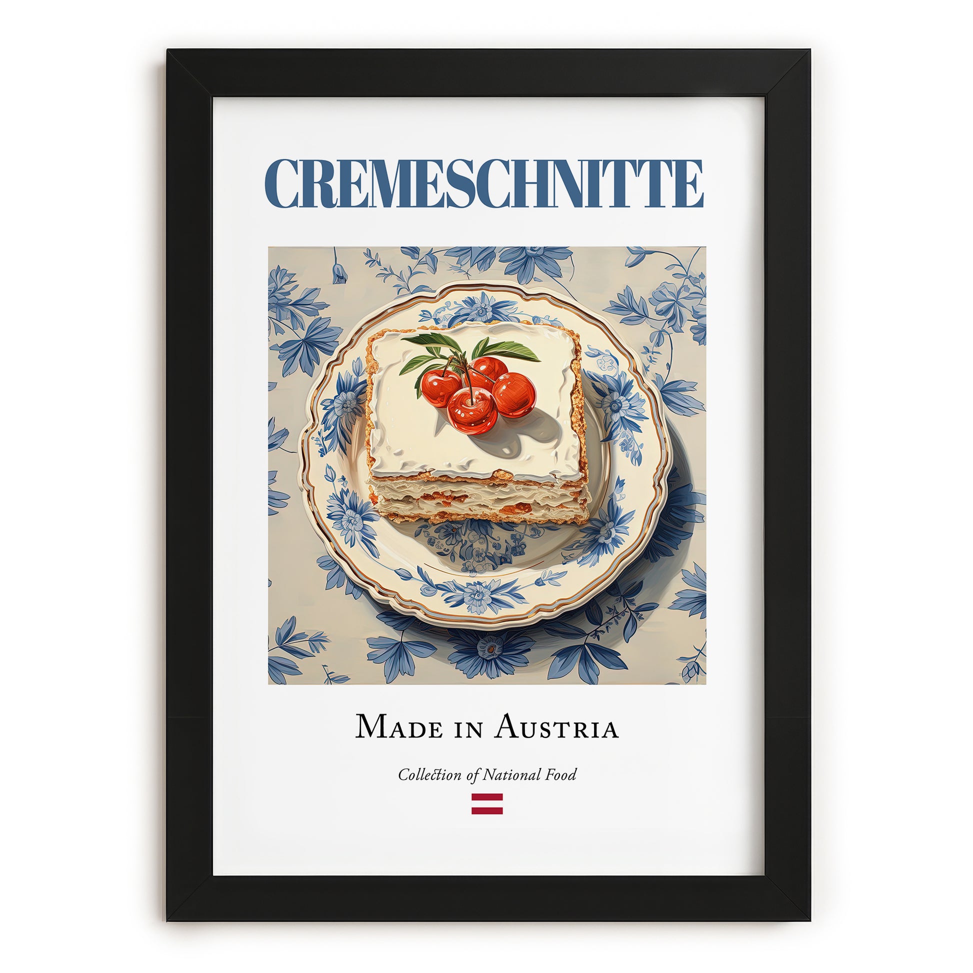 Cremeschnitte – Austrian Dessert Dish, Café Illustration, in sleek black frame