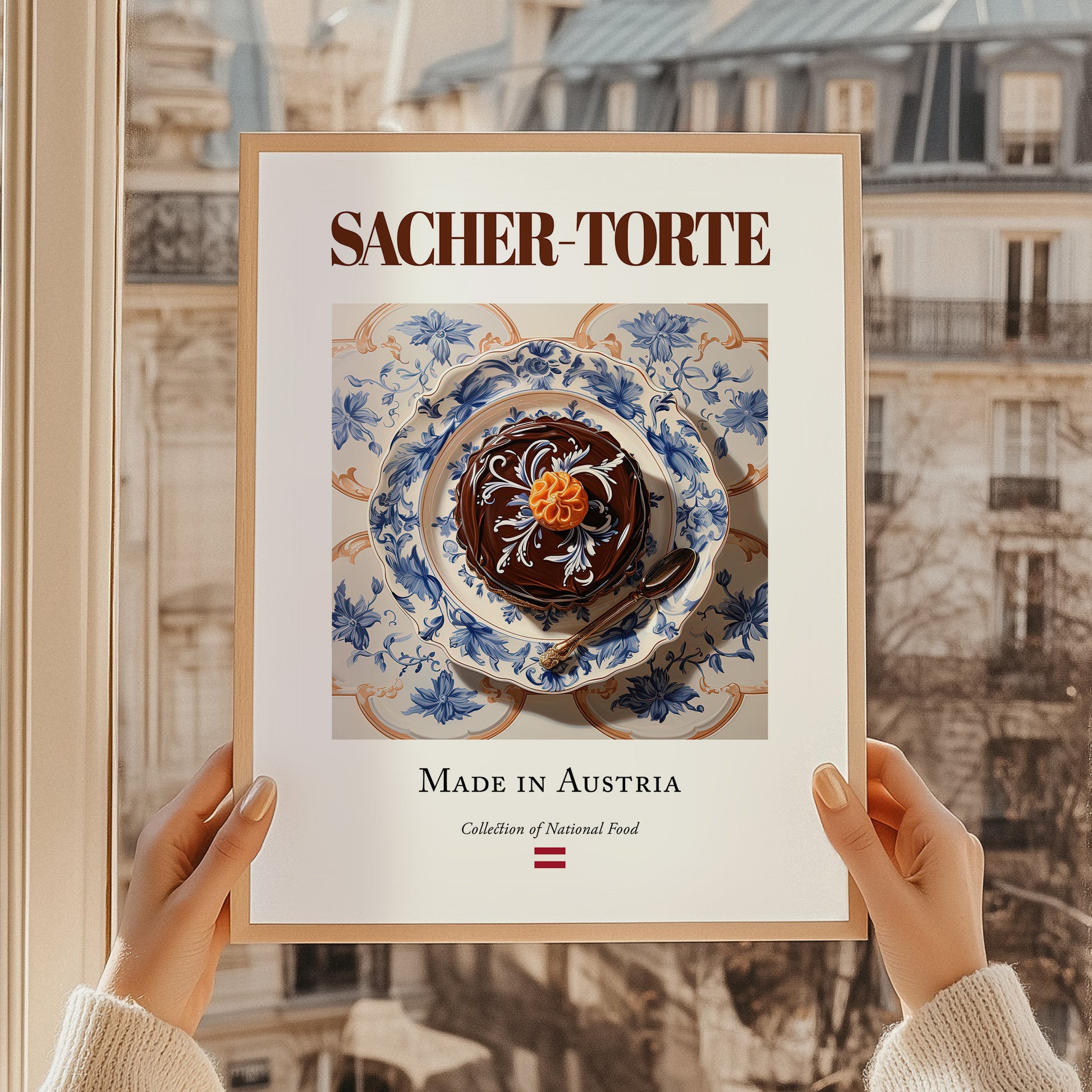 Sacher-Torte – Austrian Dessert Dish, Brasserie Illustration, styled in a charming Paris street view