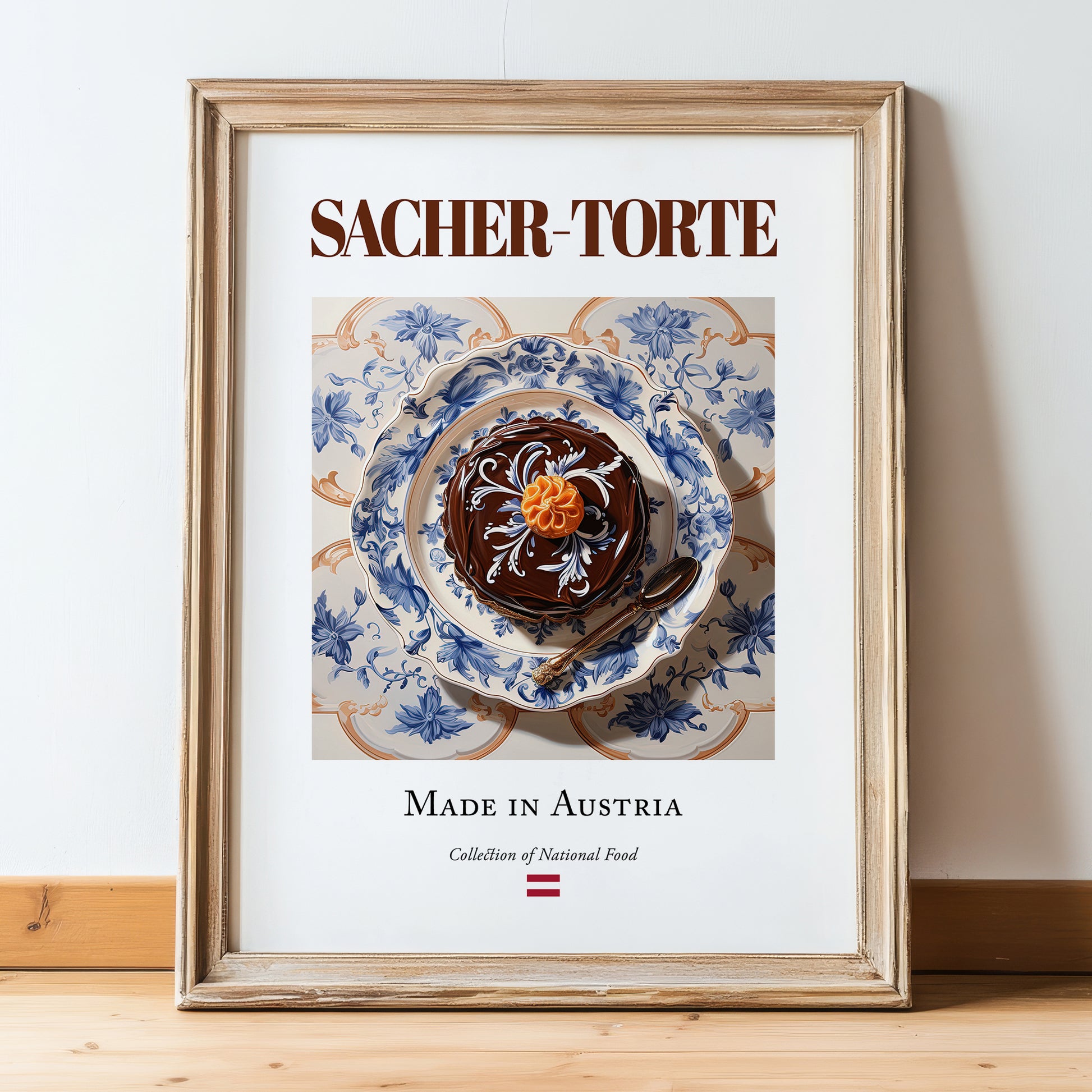 Sacher-Torte – Austrian Dessert Dish, Brasserie Illustration, in wooden frame leaning on the floor