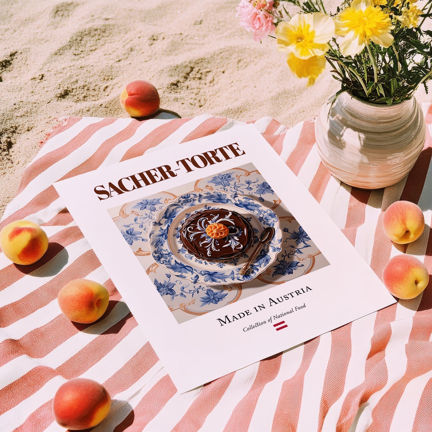 Sacher-Torte – Austrian Dessert Dish, Brasserie Illustration, unframed on coastal sand