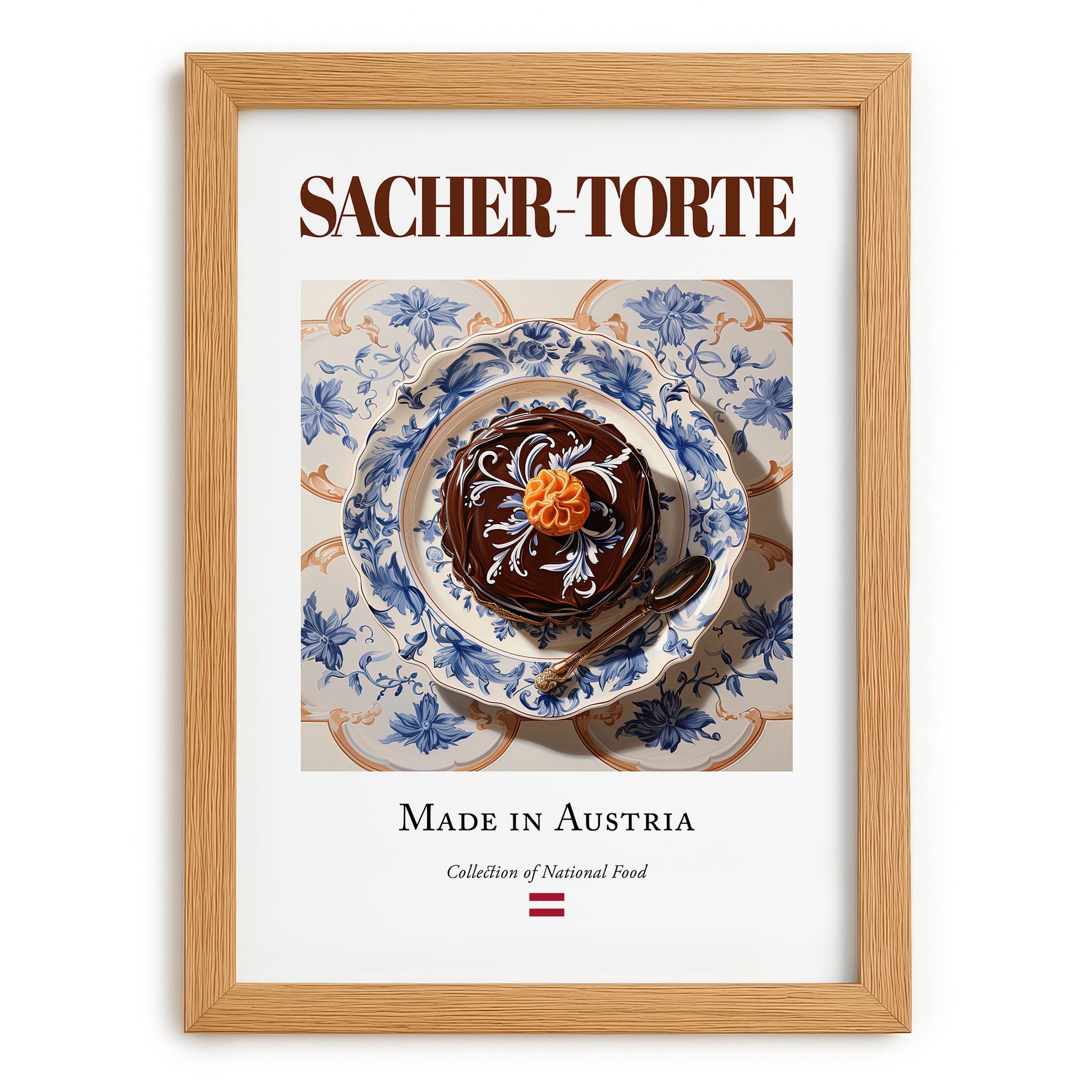 Sacher-Torte – Austrian Dessert Dish, Brasserie Illustration, set in oak frame