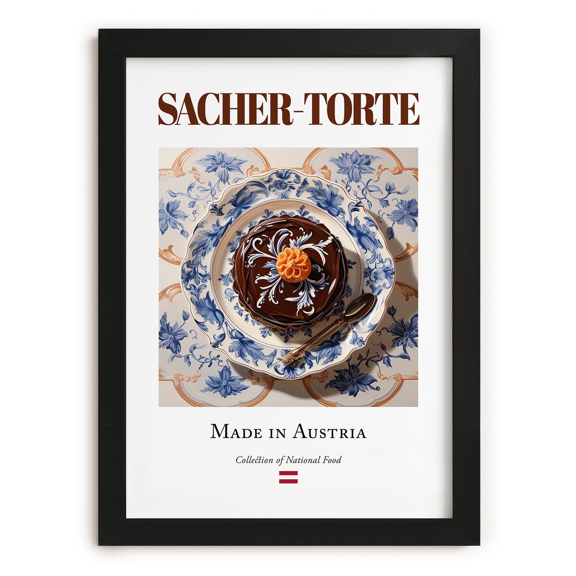 Sacher-Torte – Austrian Dessert Dish, Brasserie Illustration, in sleek black frame