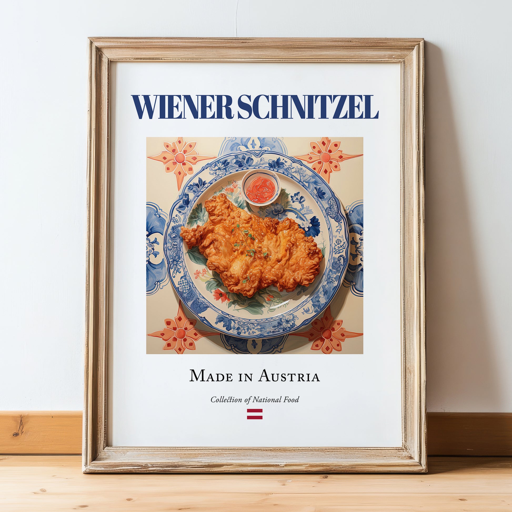 Wiener Schnitzel – Austrian Meat Dish, Tavern Wall Art, in wooden frame leaning on the floor