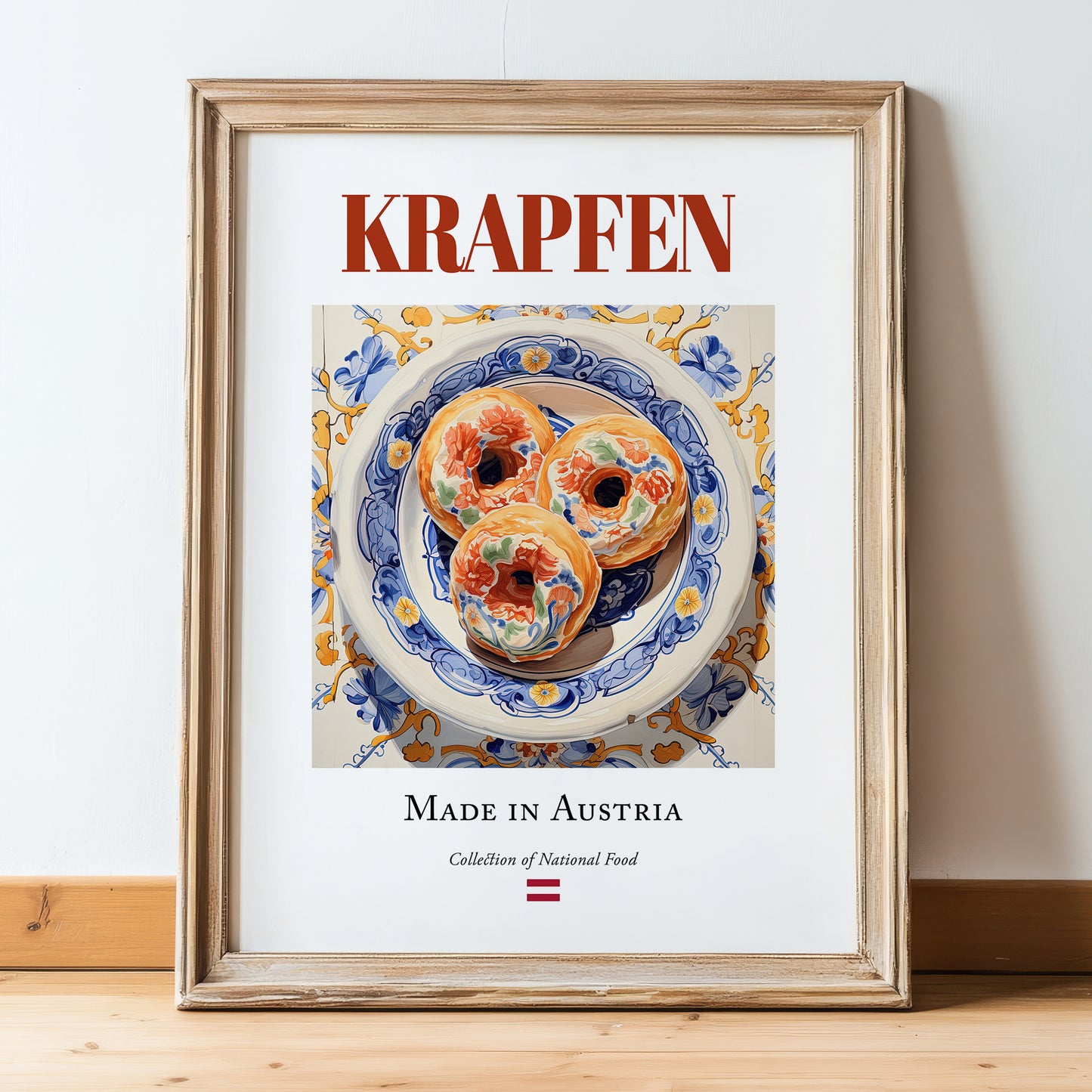 Krapfen – Austrian Dessert Dish, Bistro Illustration, in wooden frame leaning on the floor
