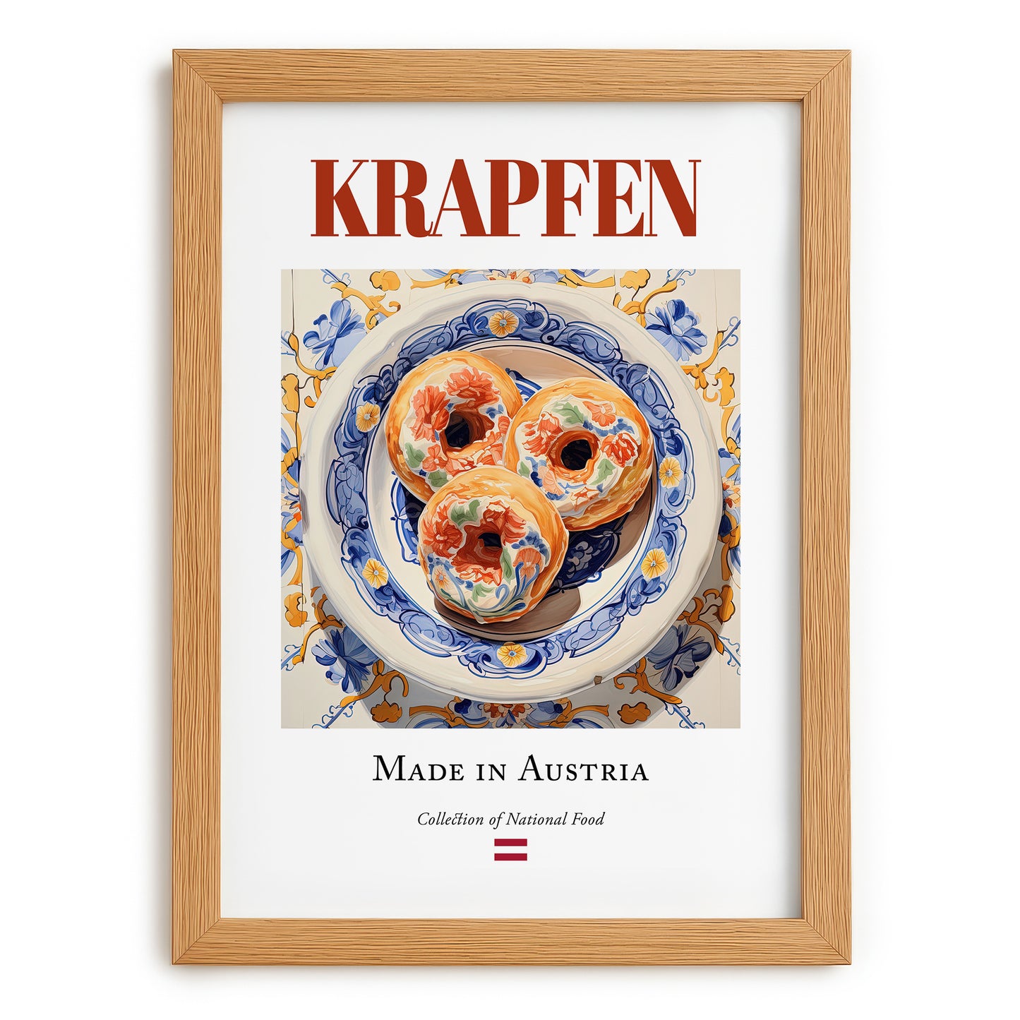 Krapfen – Austrian Dessert Dish, Bistro Illustration, set in oak frame