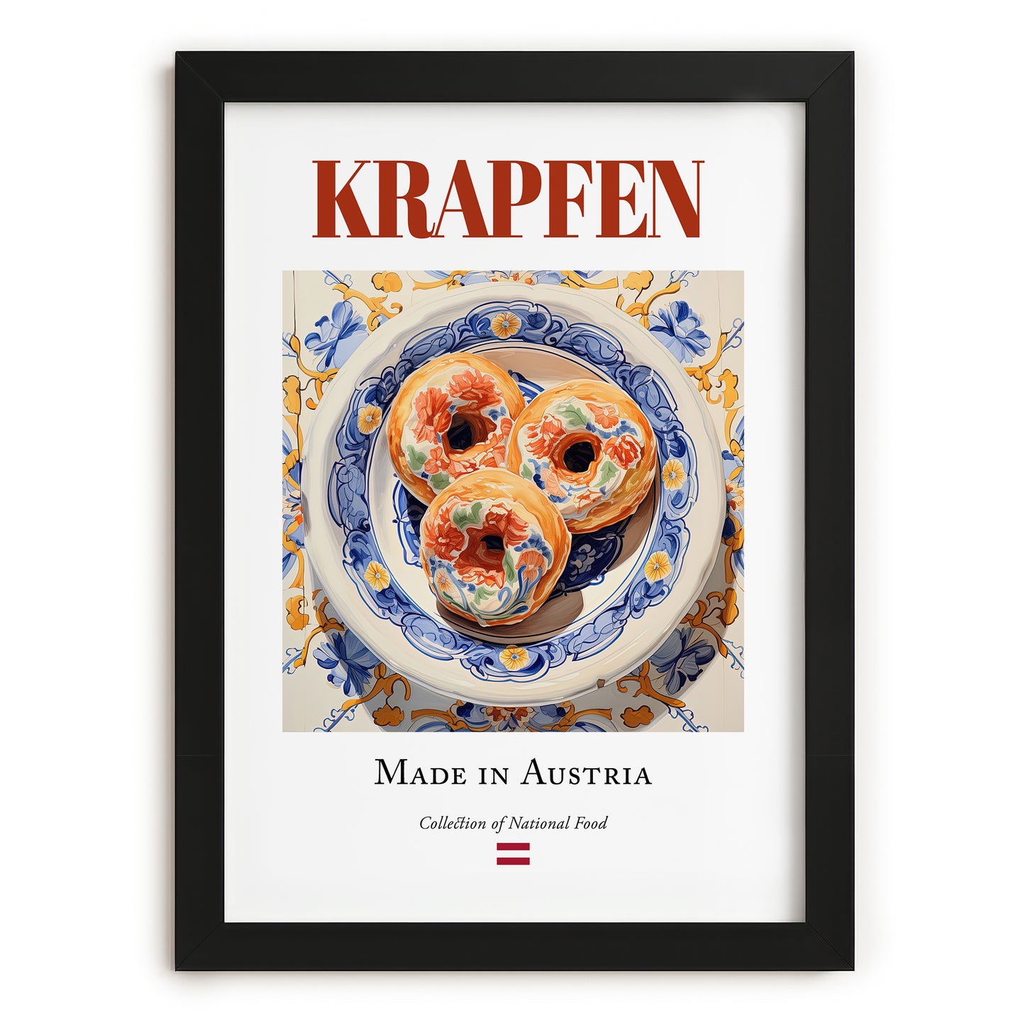 Krapfen – Austrian Dessert Dish, Bistro Illustration, in sleek black frame
