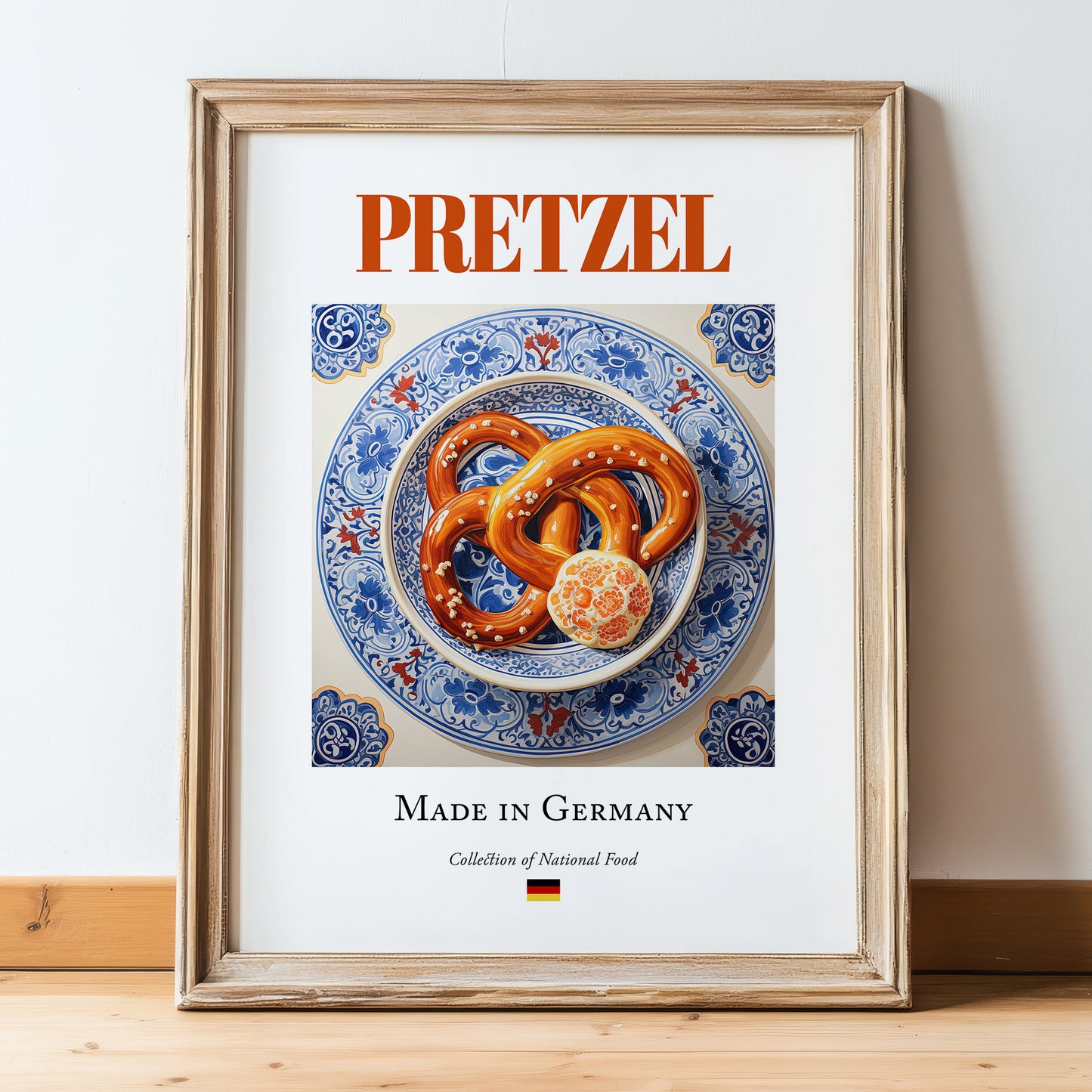 Pretzel – German Bread Dish, Café Wall Decor, in wooden frame leaning on the floor