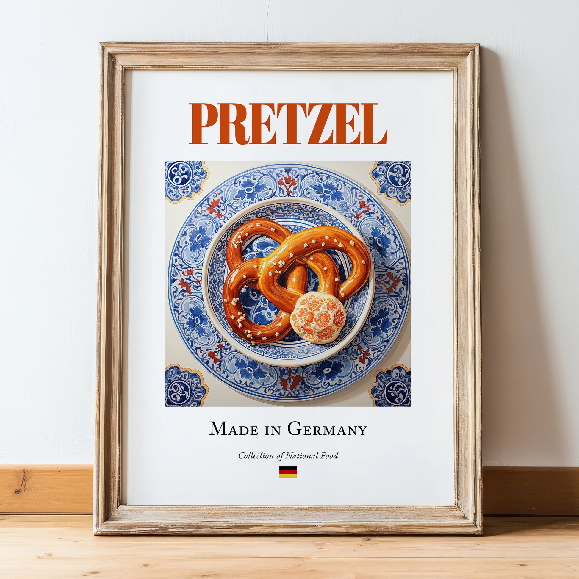 Pretzel – German Bread Dish, Café Wall Decor, in wooden frame leaning on the floor
