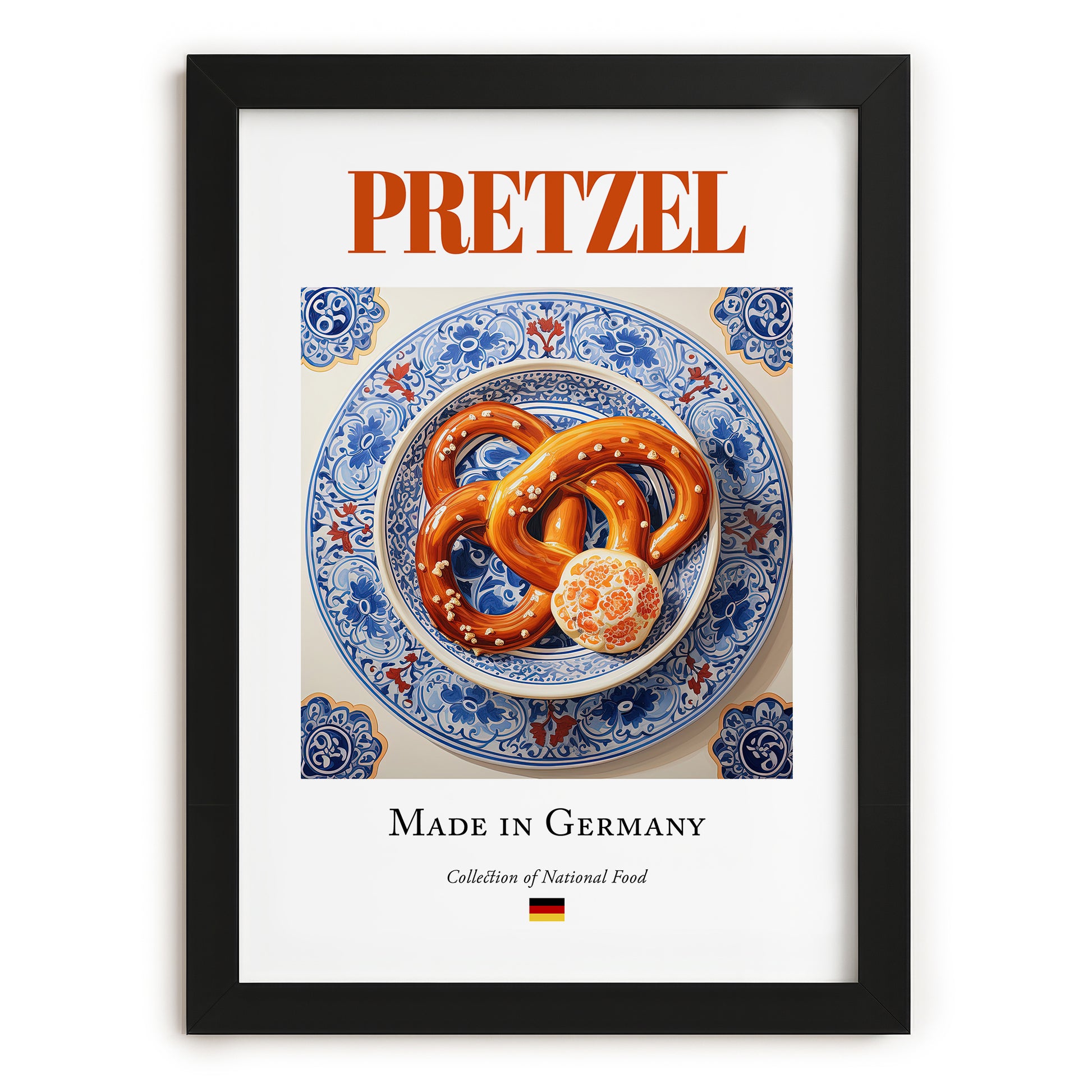 Pretzel – German Bread Dish, Café Wall Decor, in sleek black frame