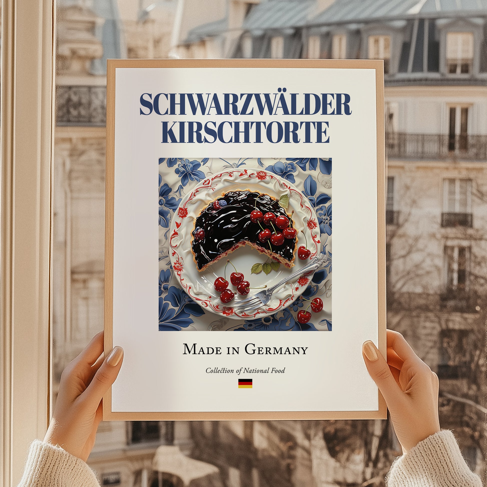 Schwarzwälder Kirschtorte – German Dessert Dish, Brasserie Print, styled in a charming Paris street view