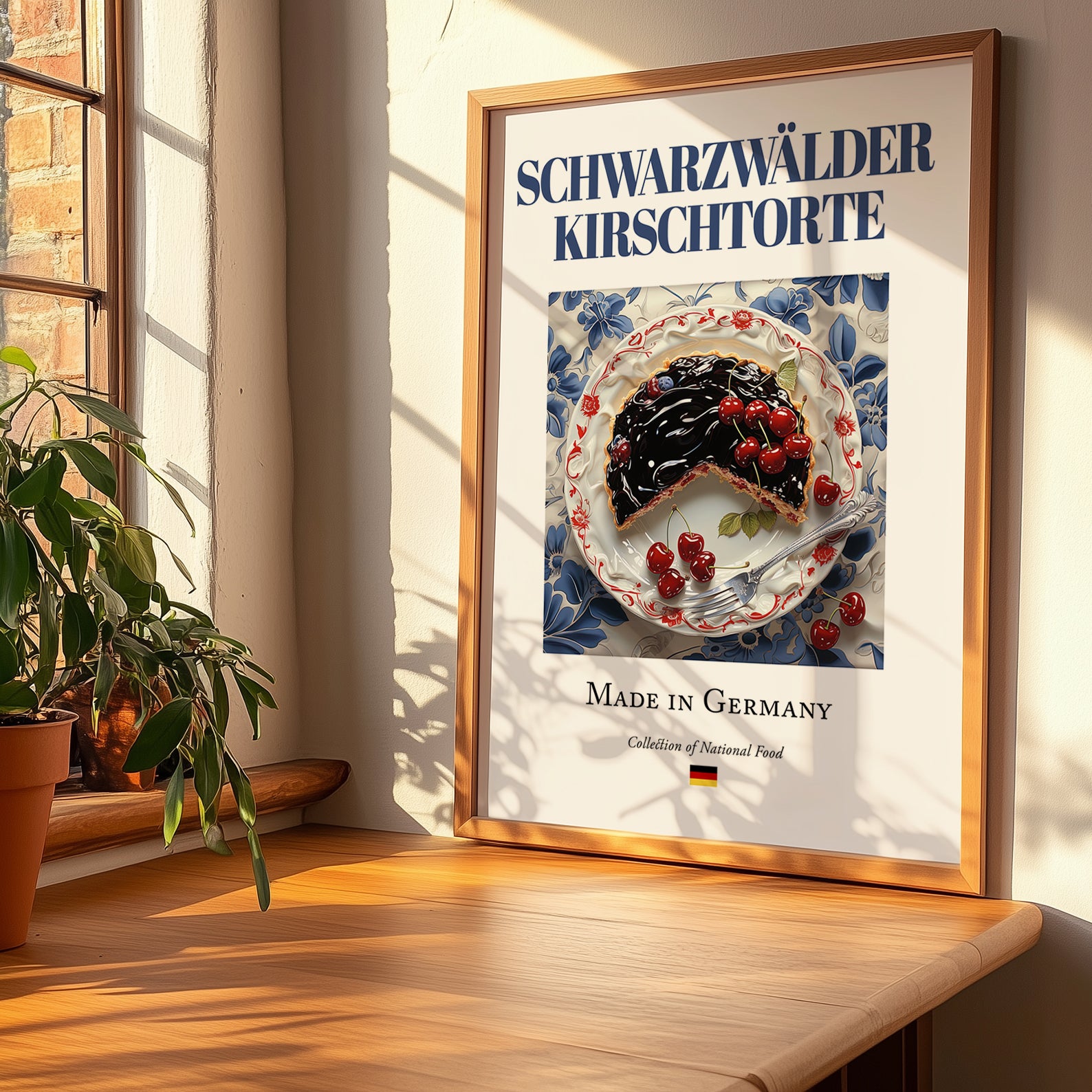 Schwarzwälder Kirschtorte – German Dessert Dish, Brasserie Print, no-text version framed in wood