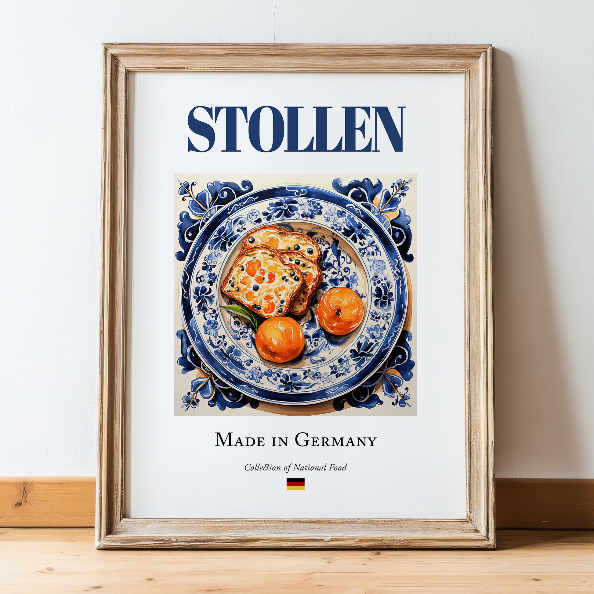 Stollen – German Dessert Dish, Fine Dining Restaurant Wall Decor, in wooden frame leaning on the floor