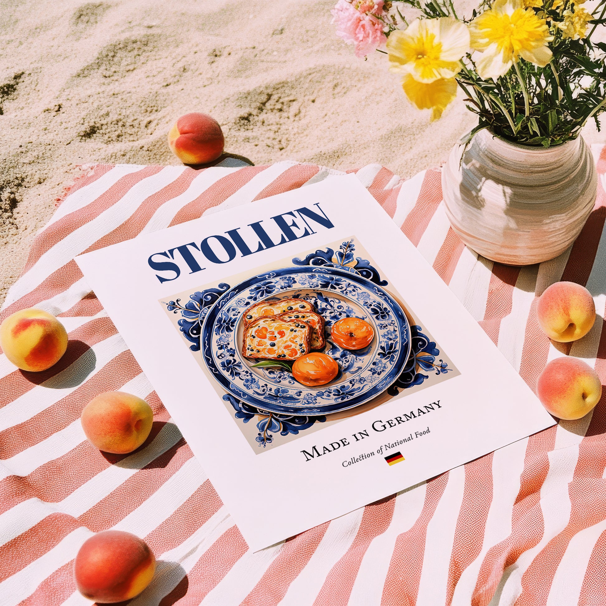 Stollen – German Dessert Dish, Fine Dining Restaurant Wall Decor, unframed on coastal sand