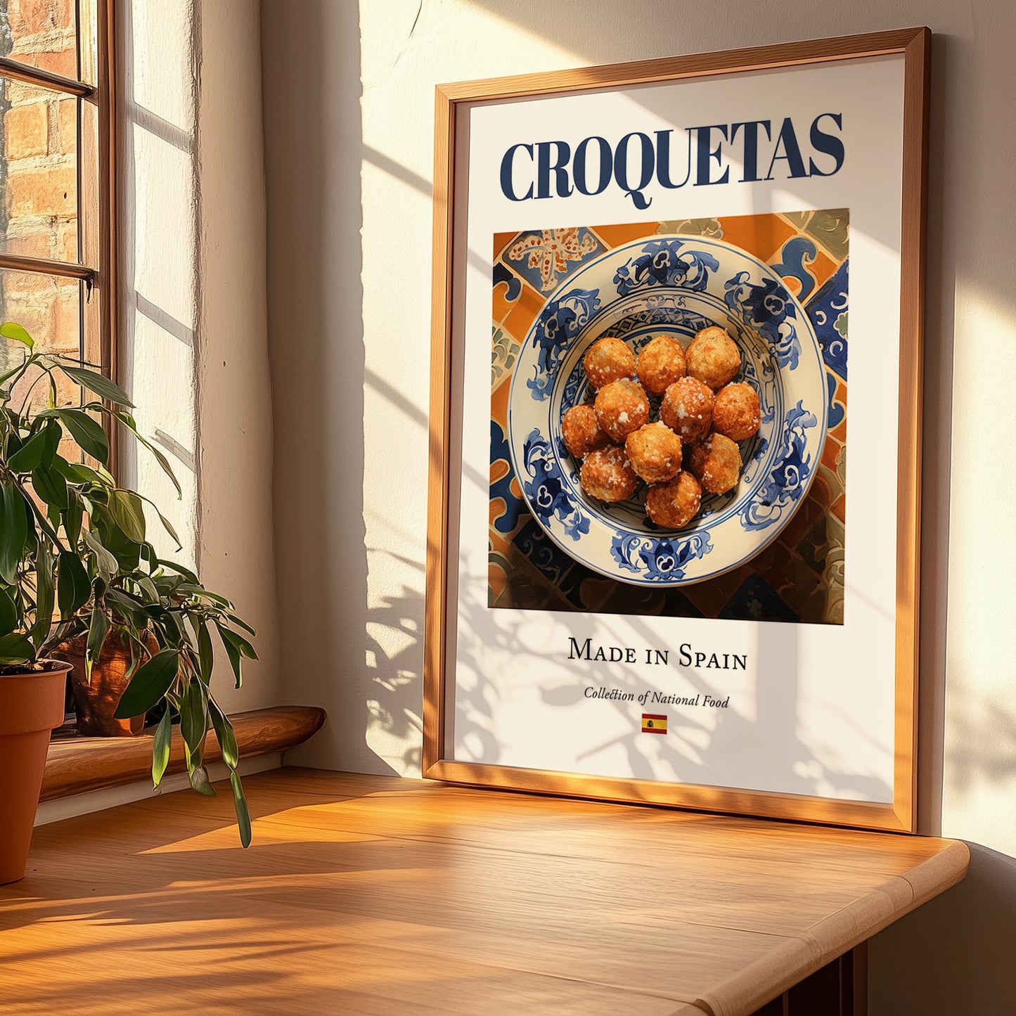 Croquetas – Spanish Snack Dish, Brasserie Wall Art, no-text version framed in wood