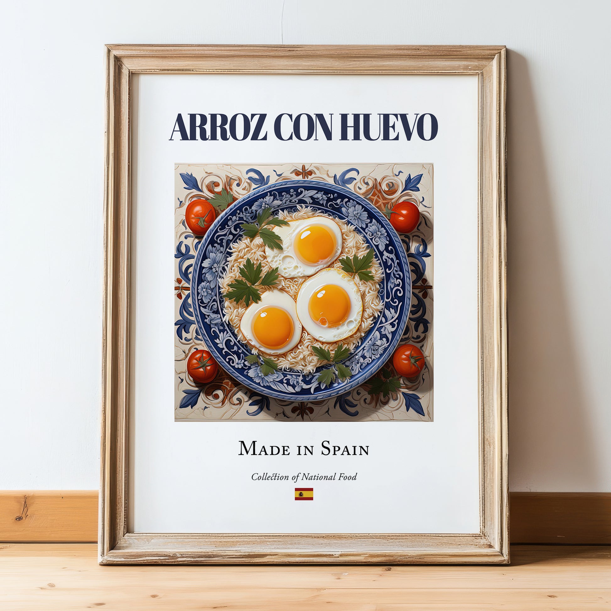 Arroz con huevo – Spanish Rice Dish, Restaurant Poster, in wooden frame leaning on the floor