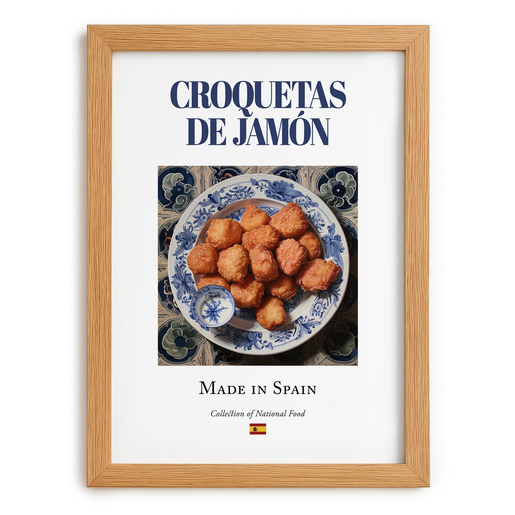 Croquetas de Jamón – Spanish Snack Dish, Tavern Illustration, set in oak frame
