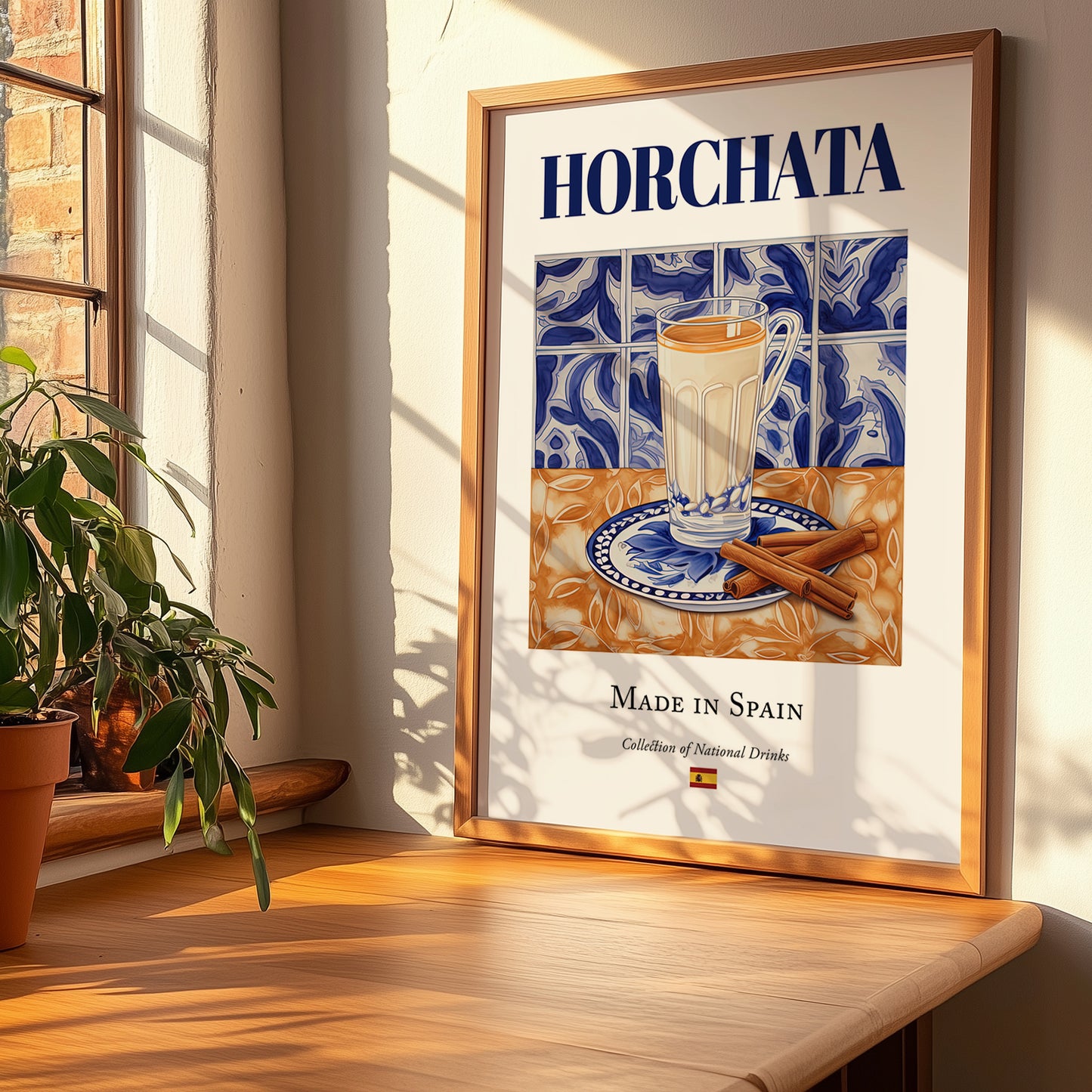 Horchata – Spanish Beverage Drink, Hotel Lobby Still Life, no-text version framed in wood
