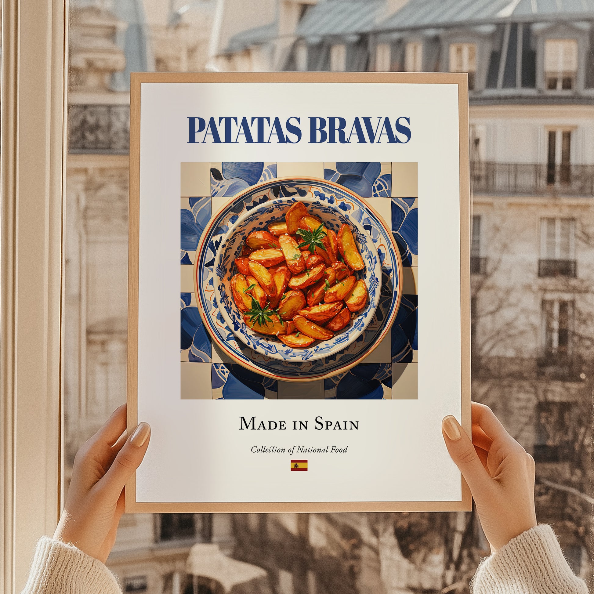 Patatas bravas – Spanish Snack Dish, Tavern Poster, styled in a charming Paris street view