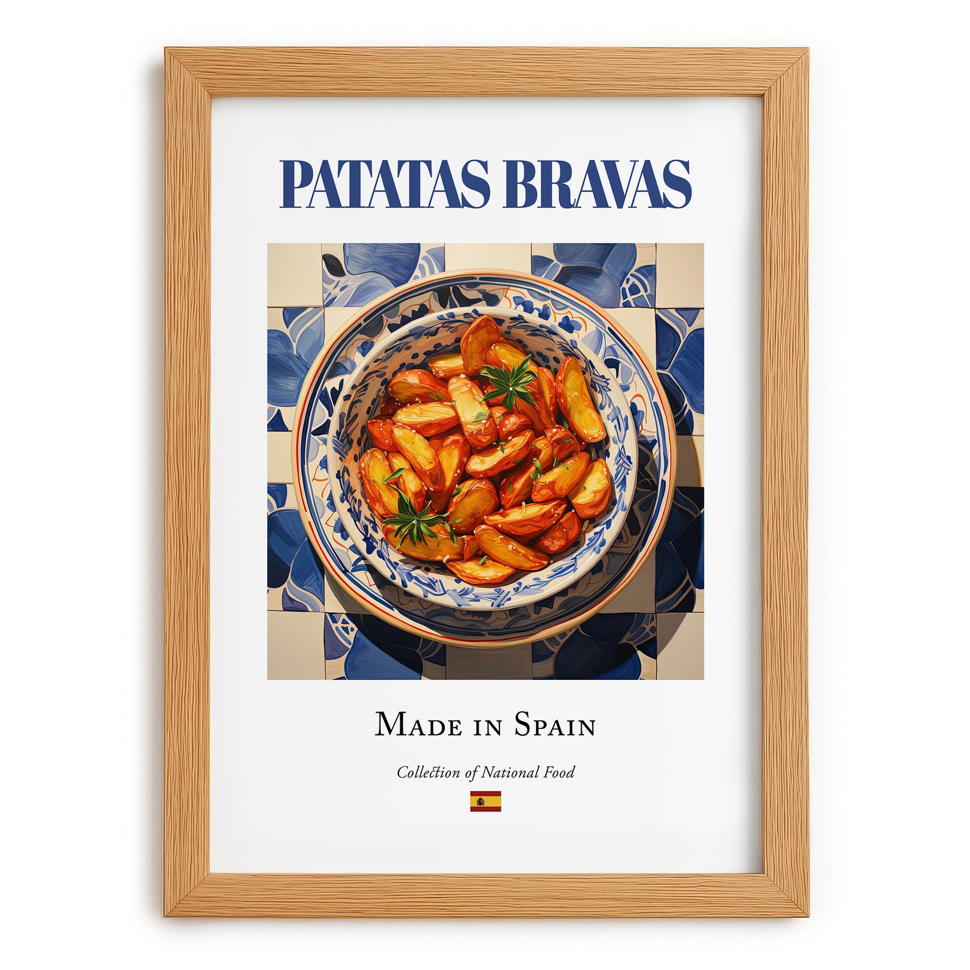Patatas bravas – Spanish Snack Dish, Tavern Poster, set in oak frame