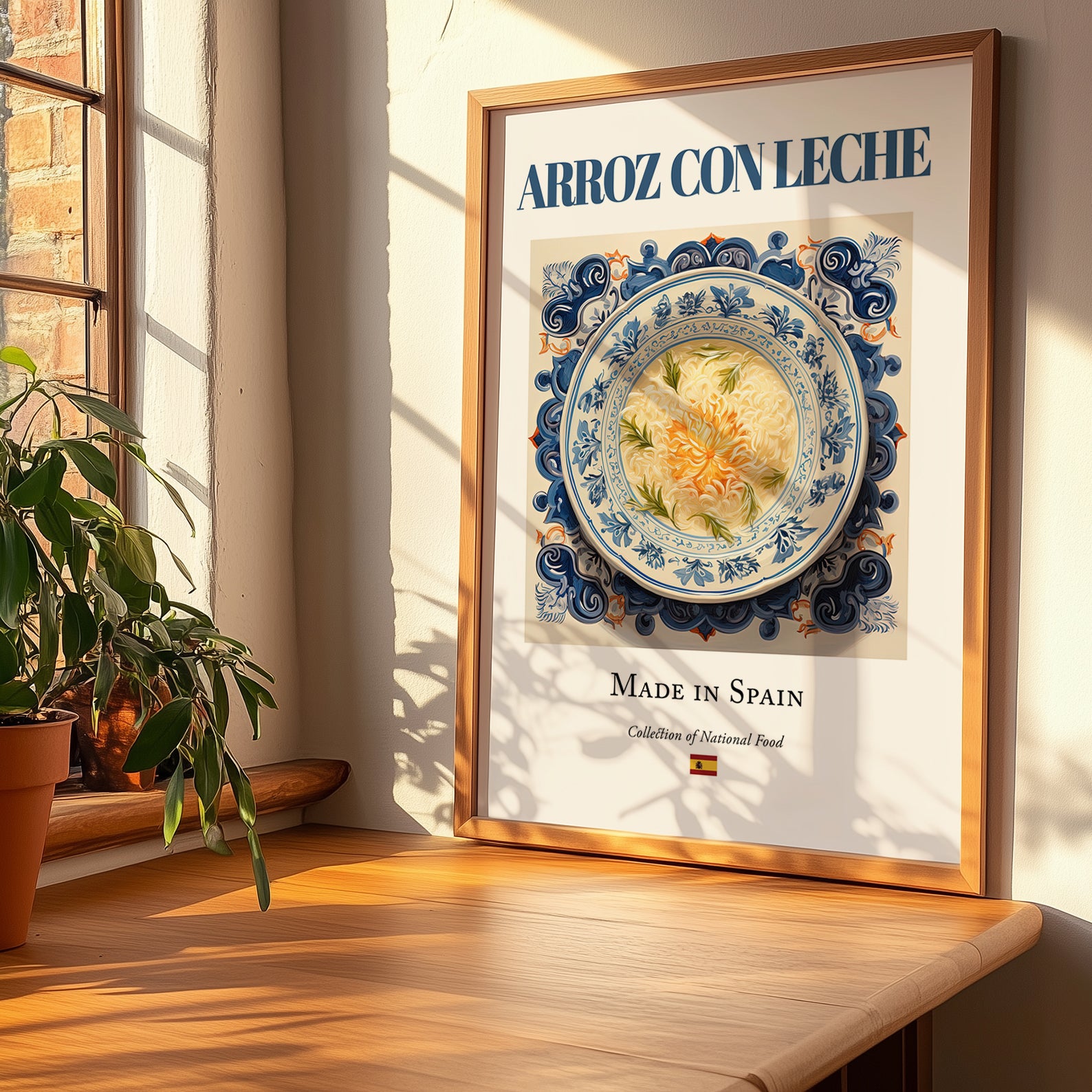 Arroz con leche – Spanish Dessert Dish, Food Bar Poster, no-text version framed in wood