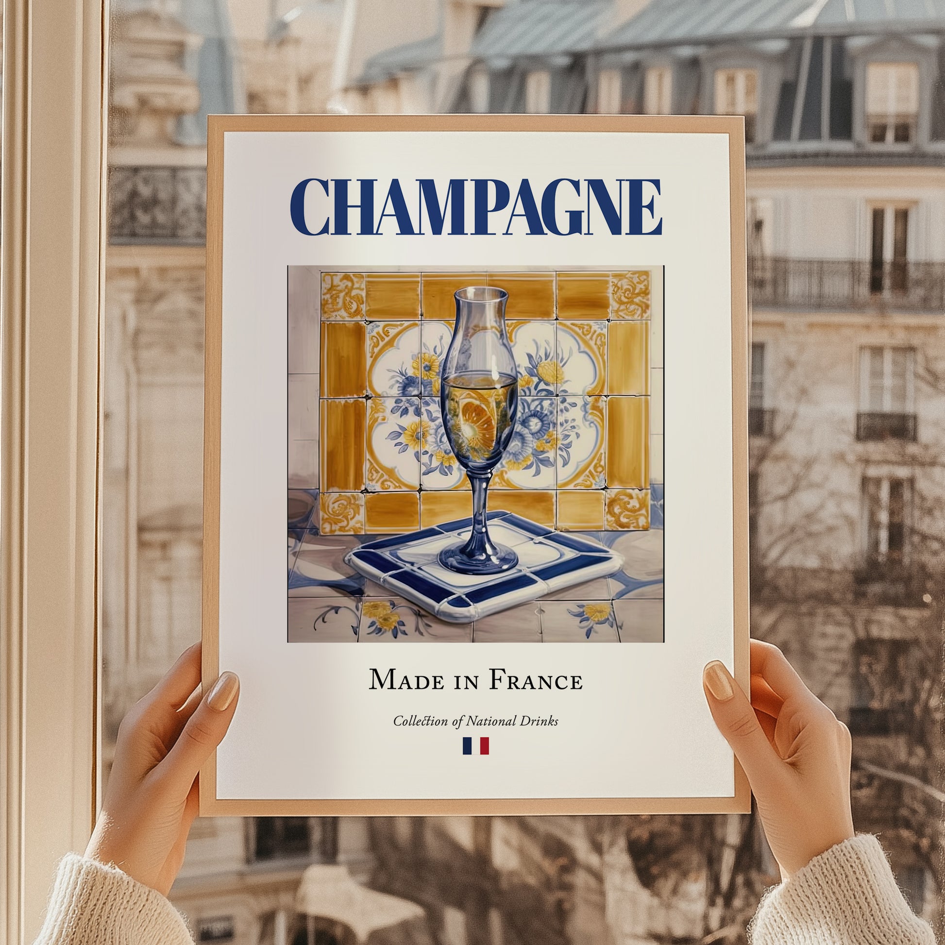 Champagne – French Sparkling Wine, Tasting Room Still Life, styled in a charming Paris street view