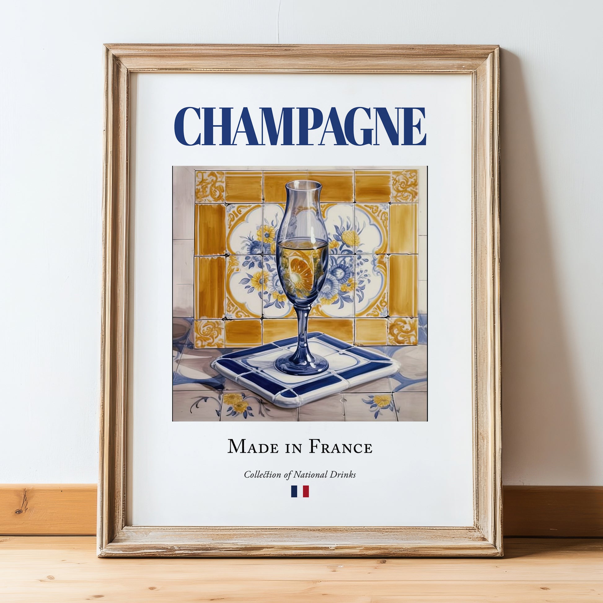 Champagne – French Sparkling Wine, Tasting Room Still Life, in wooden frame leaning on the floor