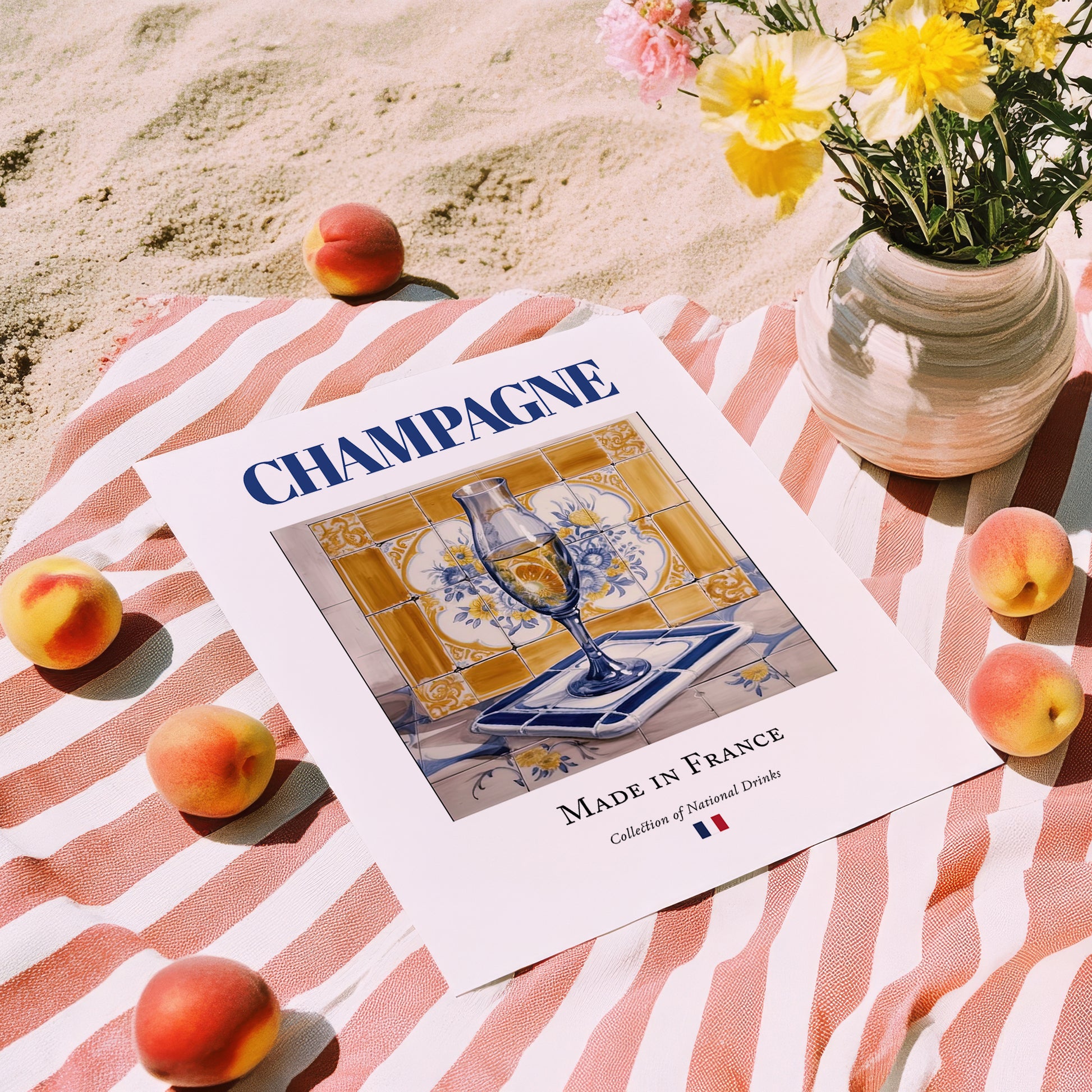 Champagne – French Sparkling Wine, Tasting Room Still Life, unframed on coastal sand