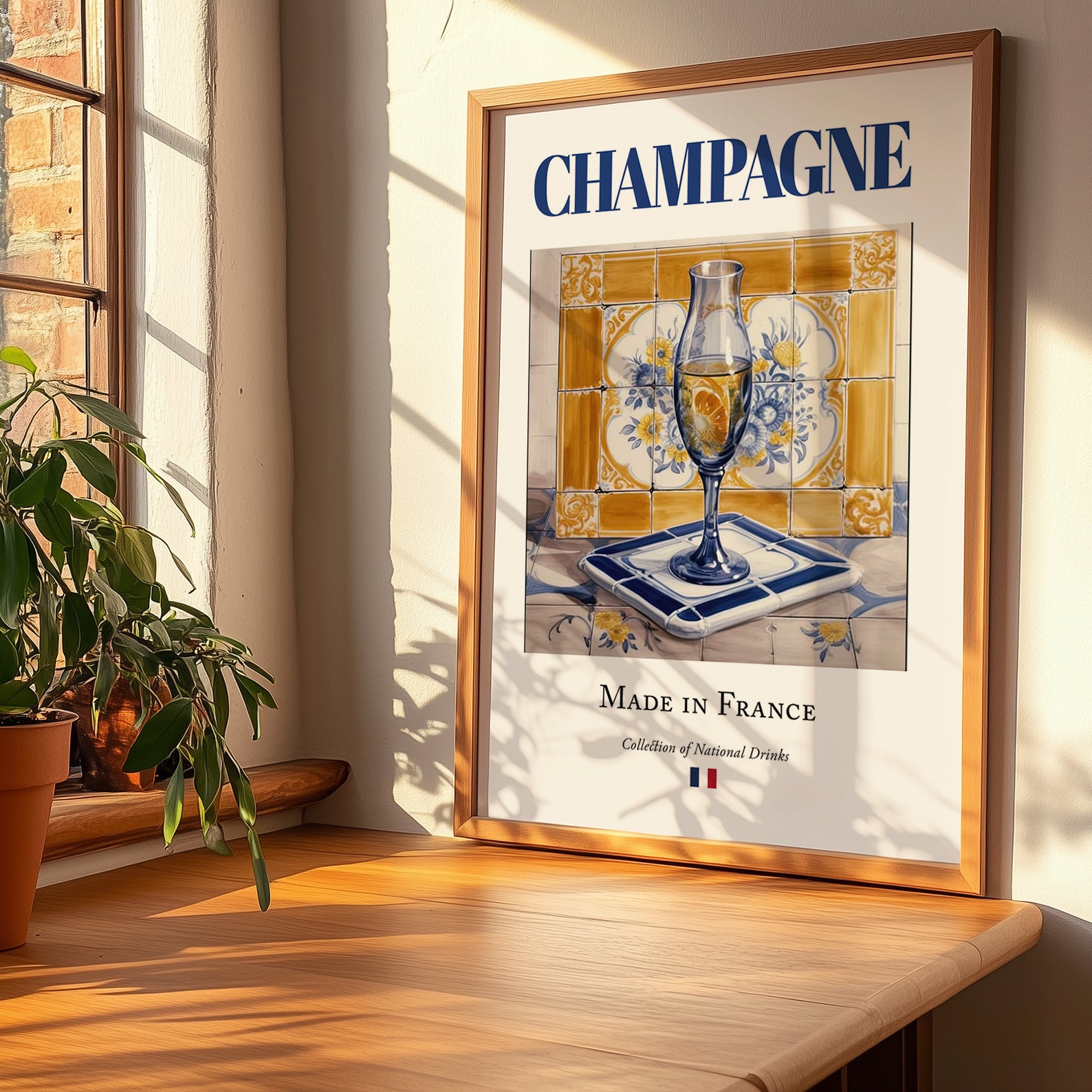 Champagne – French Sparkling Wine, Tasting Room Still Life, no-text version framed in wood