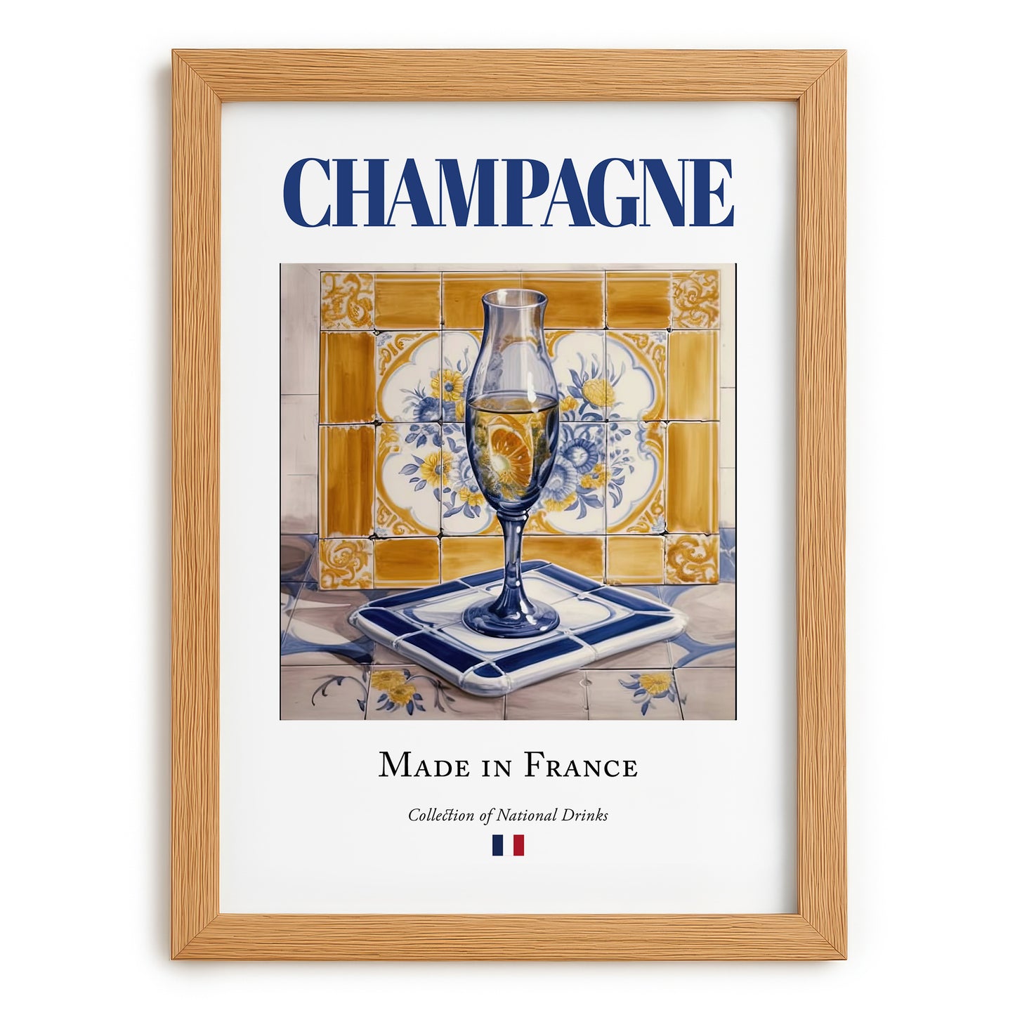 Champagne – French Sparkling Wine, Tasting Room Still Life, set in oak frame