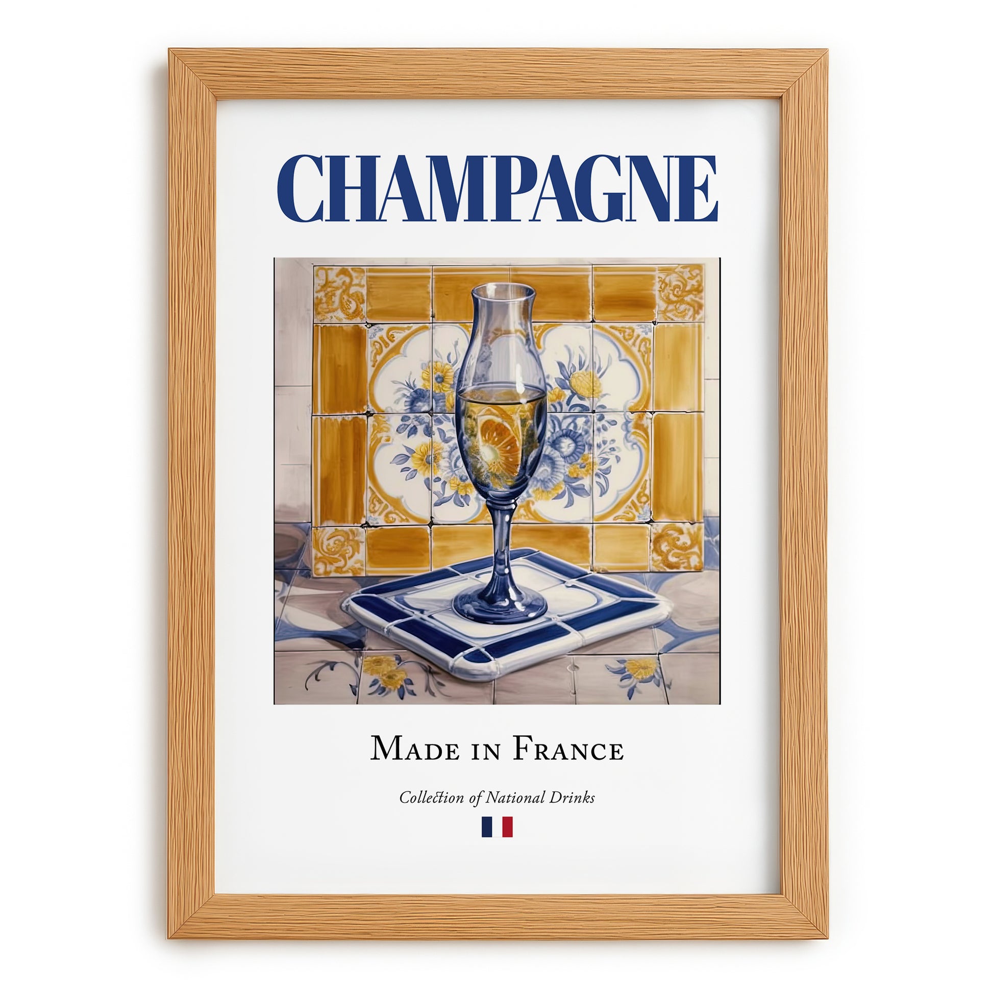 Champagne – French Sparkling Wine, Tasting Room Still Life, set in oak frame